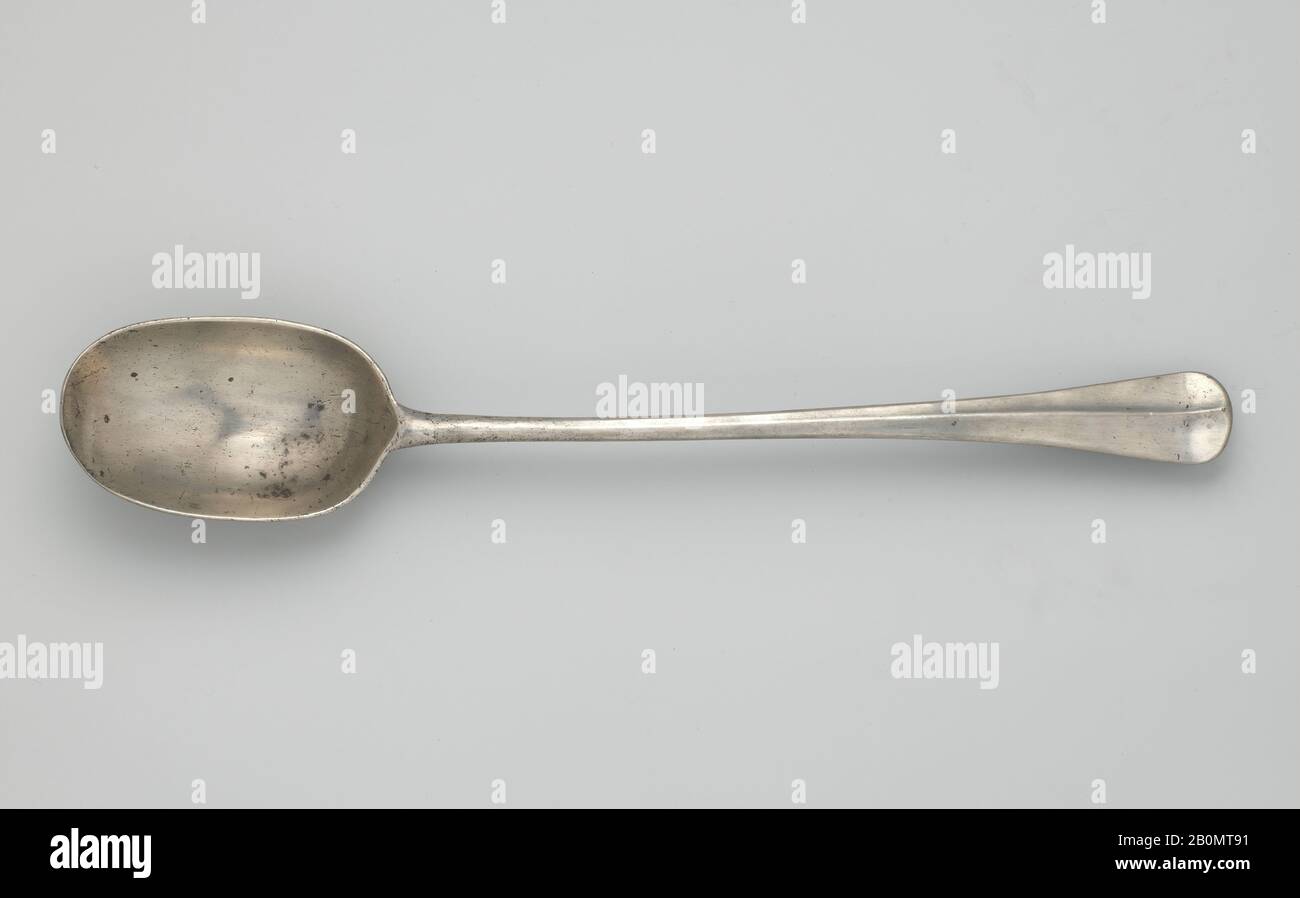 Spoon, British, 18th century, British, Pewter, Length: 14 3/4 in. (37.5 cm), Metalwork-Pewter Stock Photo