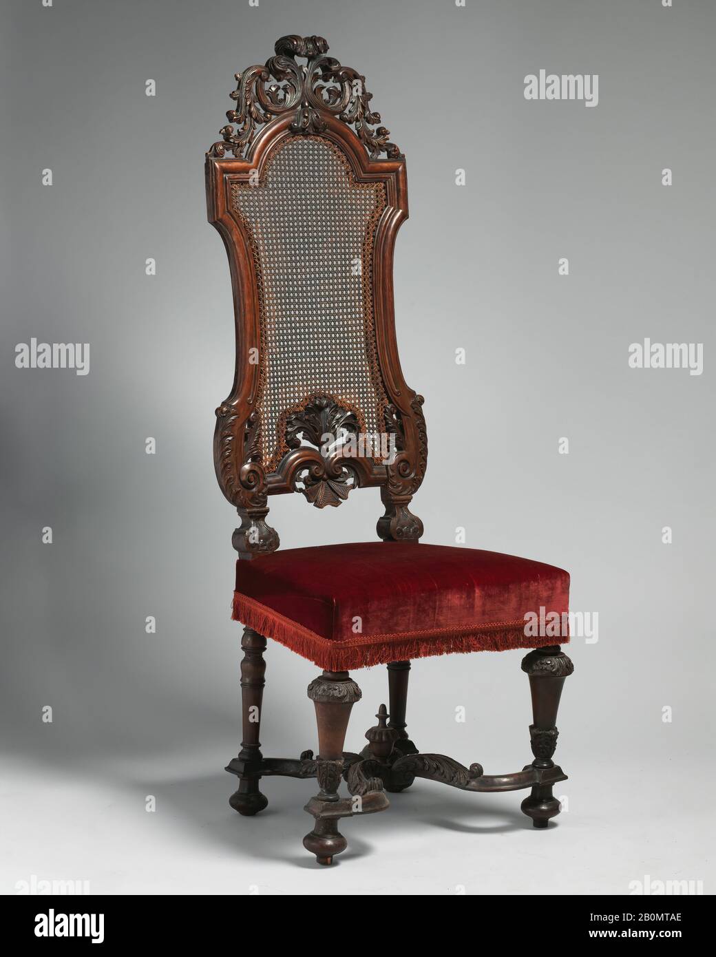 Chair (one of a set of six), British, ca. 1695, British, Walnut, caning; velvet not original to frame, Overall: 55 1/4 × 20 1/4 × 17 in. (140.3 × 51.4 × 43.2 cm), Woodwork-Furniture Stock Photo