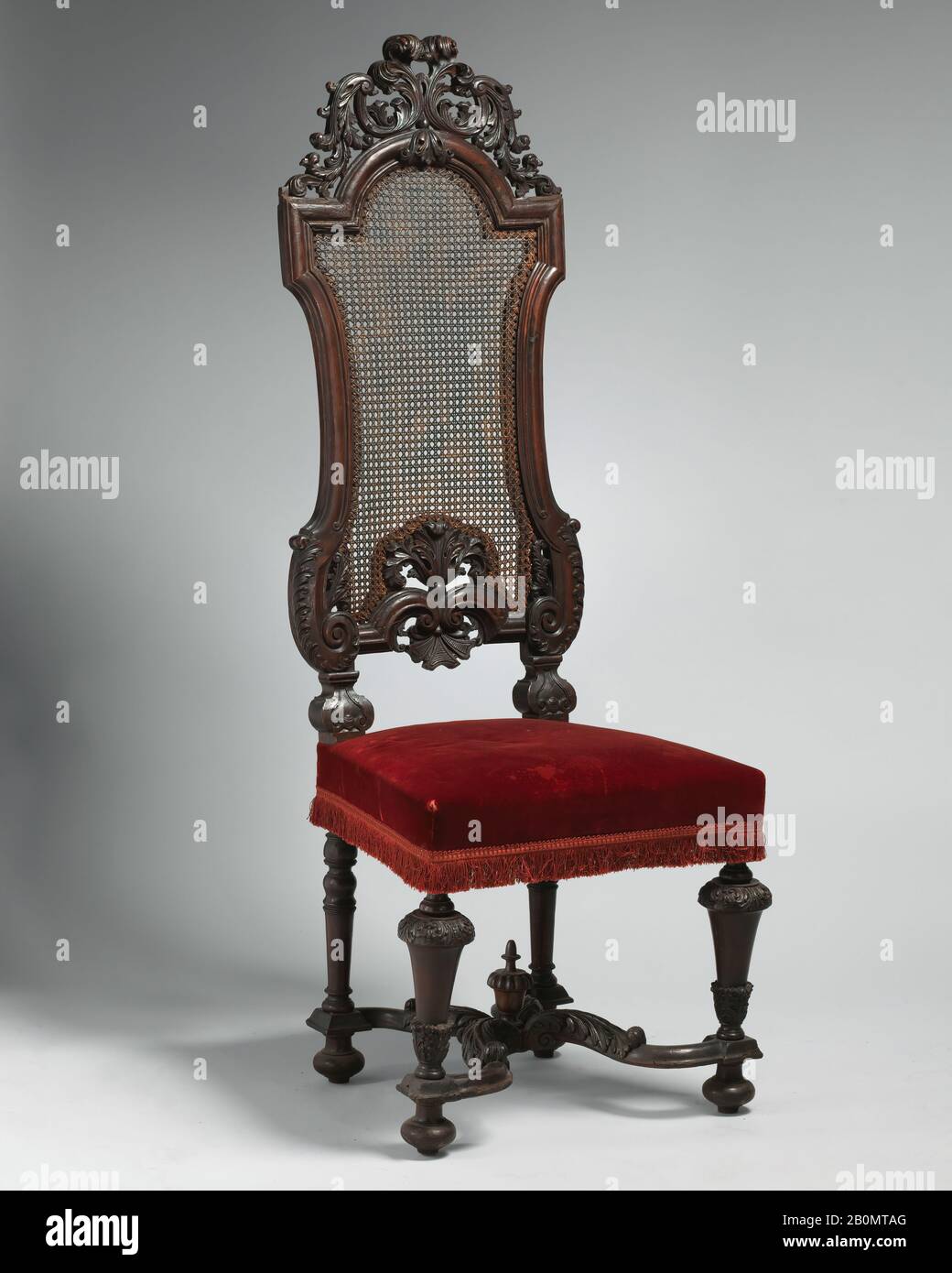 Chair (one of a set of six), British, ca. 1695, British, Walnut, caning; velvet not original to frame, Overall: 55 1/4 × 20 1/4 × 17 in. (140.3 × 51.4 × 43.2 cm), Woodwork-Furniture Stock Photo