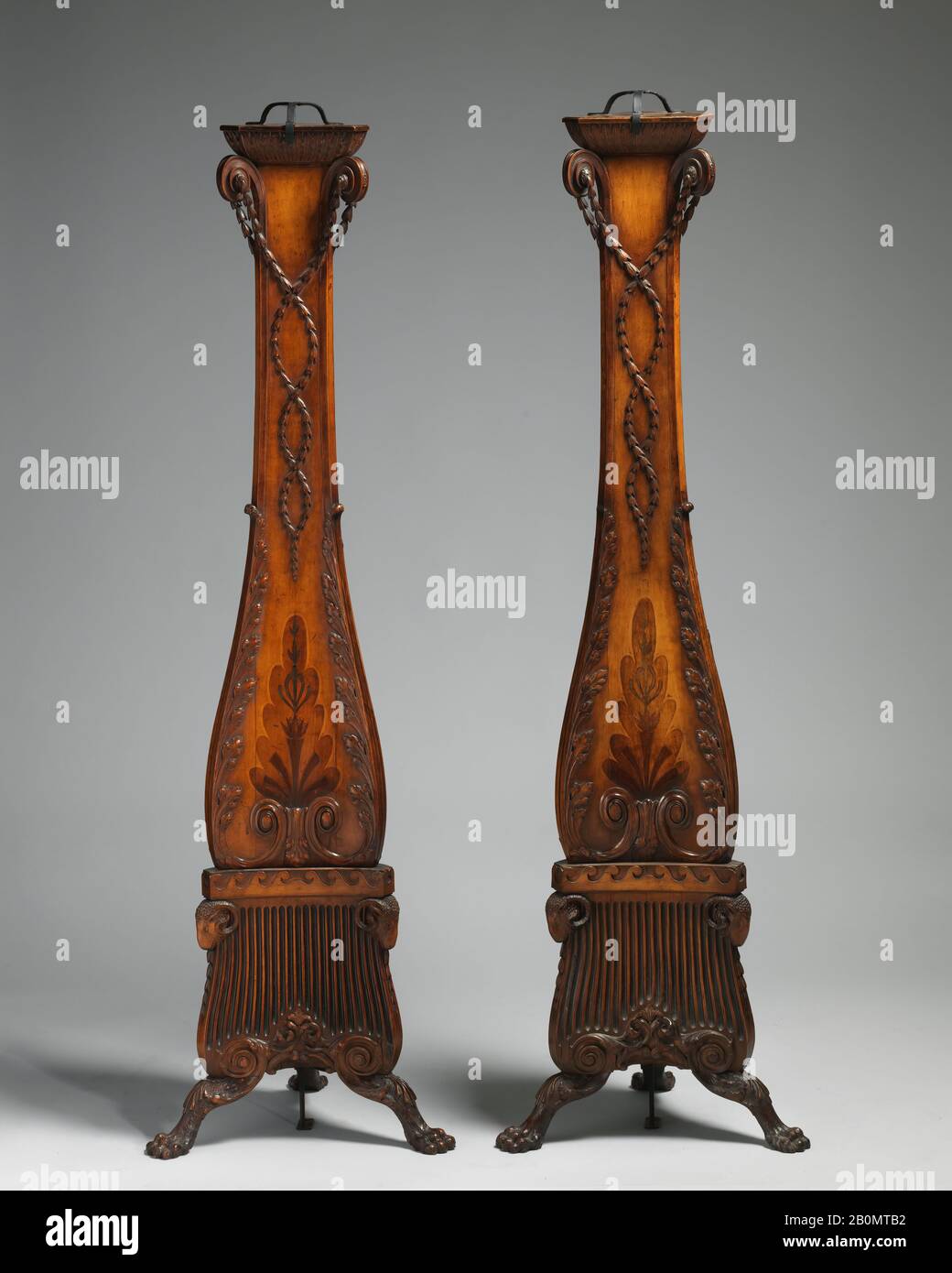 Pair of pedestals, British, ca. 1780, British, Boxwood veneer, inlaid with colored wood, Overall (each): 51 × 15 × 15 1/2 in. (129.5 × 39.4 × 39.4 cm), Woodwork-Furniture Stock Photo