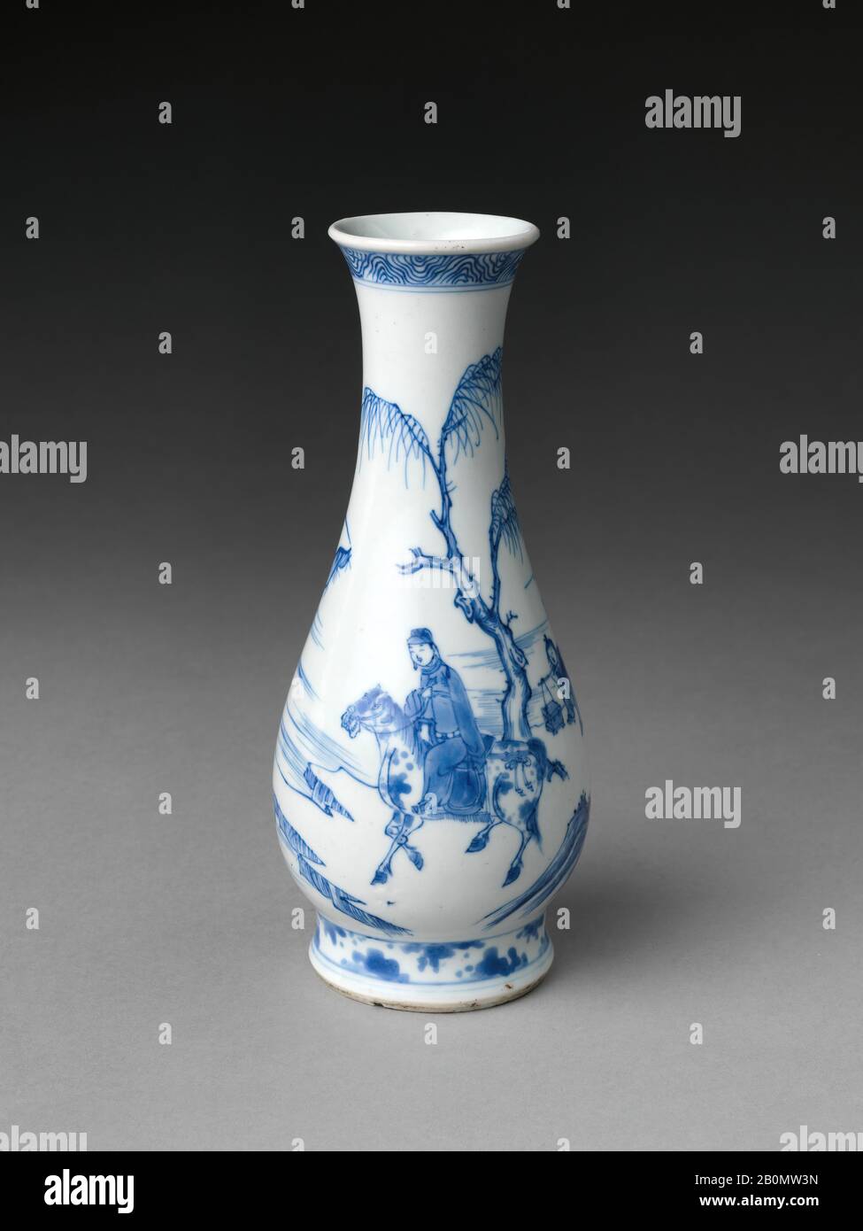 Vase with Equestrian Figure in Landscape, China, Qing dynasty (1644–1911), Shunzhi (1644–61) period, Date mid-17th century, China, Porcelain painted with cobalt blue under transparent glaze (Jingdezhen ware), H. 8 in. (20.3 cm); Diam. 3 3/8 (8.6 cm), Ceramics Stock Photo