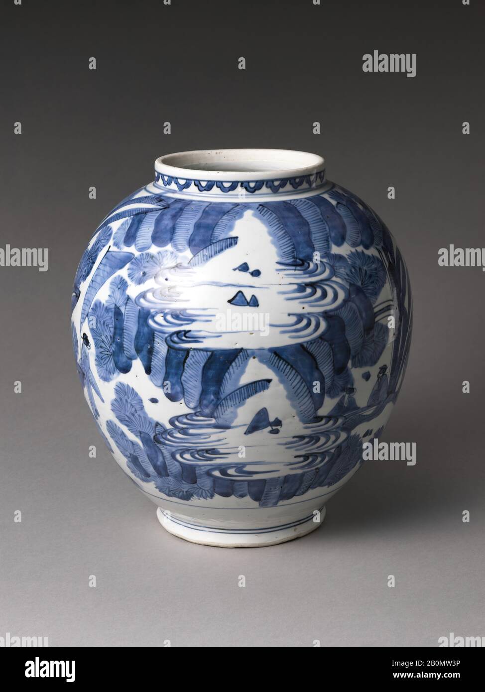 Vase with Figures in Landscape, Japan, Edo period (1615–1868), Date ca.  1660–80, Japan, Porcelain painted with cobalt blue under transparent glaze  (Hizen ware), H. 11 1/4 in. (28.5 cm); Diam. 10 1/8 in. (25.7 cm), Ceramics  Stock Photo - Alamy