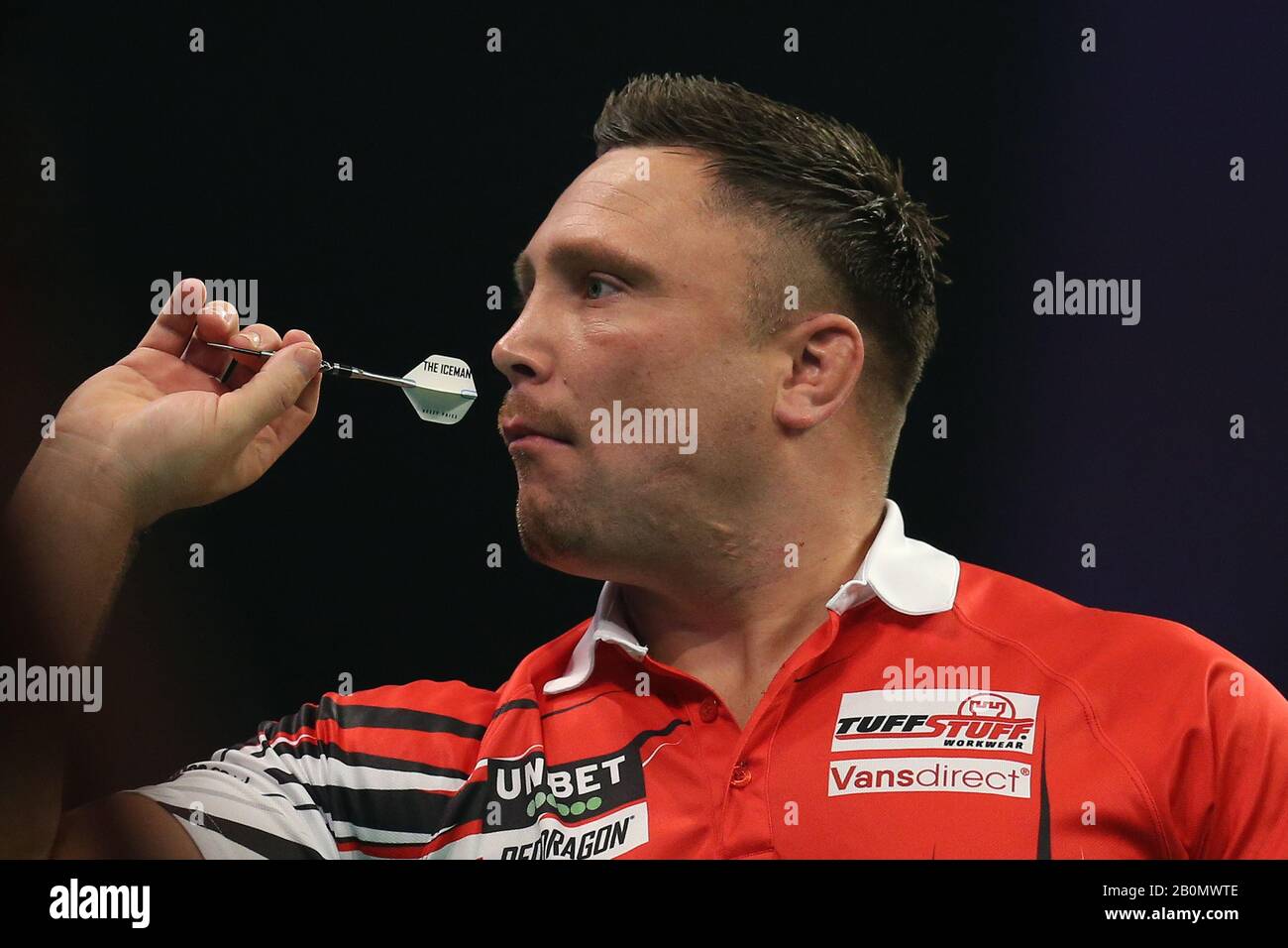Cardiff, UK. 20th Feb, 2020. Gerwyn Price, the Welsh Darts player during  his match against Daryl Gurney, the Northern Irish Darts player. Unibet  Premier League Darts, night three event at the Motorpoint
