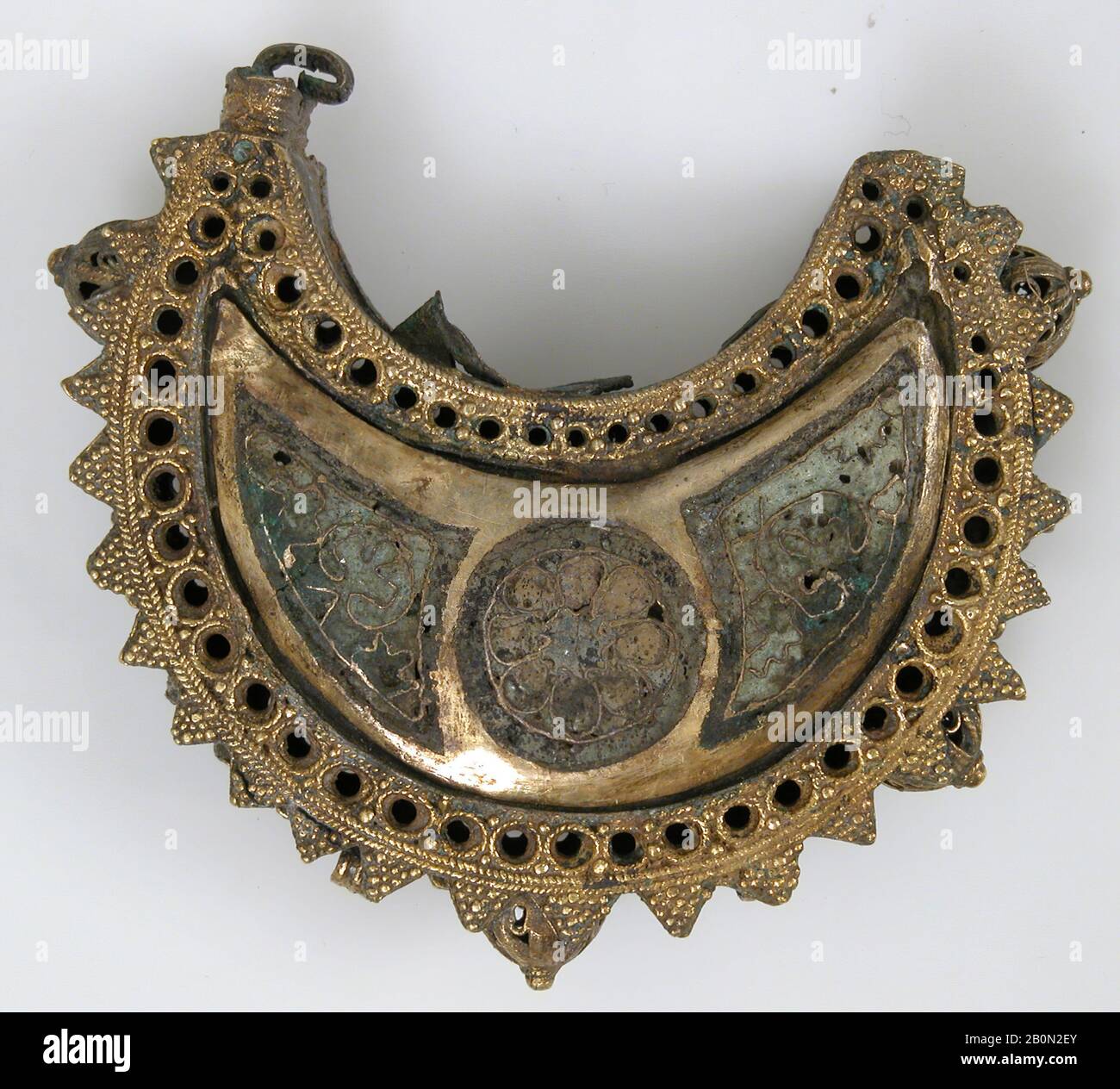 One of a Pair of Crescent-Shaped Earrings with Rosettes, Kievan Rus' or Byzantine, 12th century, Kievan Rus' or Byzantine, Cloisonné enamel, silver gilt, Overall: 2 1/16 x 2 5/16 x 1/2 in. (5.3 x 5.8 x 1.3 cm), Enamels-Cloisonné Stock Photo