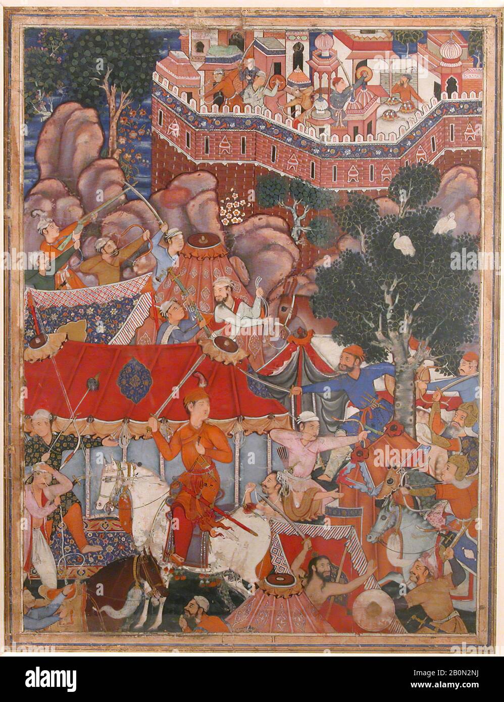 Attributed to Basavana, 'Assad Ibn Kariba Launches a Night Attack on the Camp of Malik Iraj', Folio from a Hamzanama (The Adventures of Hamza), Attributed to Basavana, Attributed to Shravana, Attributed to Tara (Indian, active mid-16th century), Folio from an illustrated manuscript, ca. 1564–69, Attributed to India, Ink, opaque watercolor, and gold on cloth; mounted on paper, H. 27 in. (68.6 cm), W. 21 1/4 in. (54 cm), Codices Stock Photo