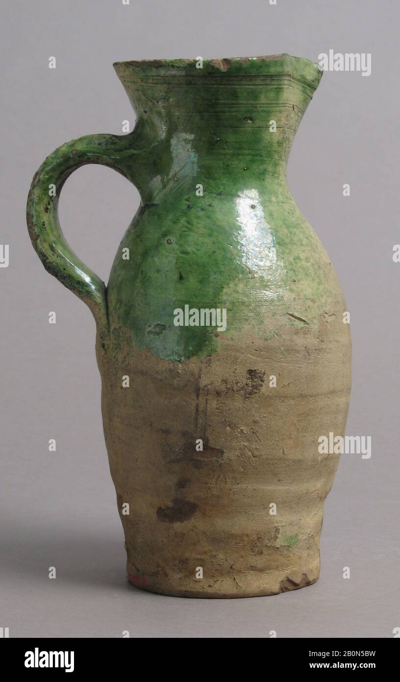 Jug, British, late 1400s or early 1500s, Made in probably Surrey, England, British, Partially glazed earthenware, Overall: 7 x 4 1/8 x 3 3/8 in. (17.8 x 10.5 x 8.5 cm), Ceramics Stock Photo