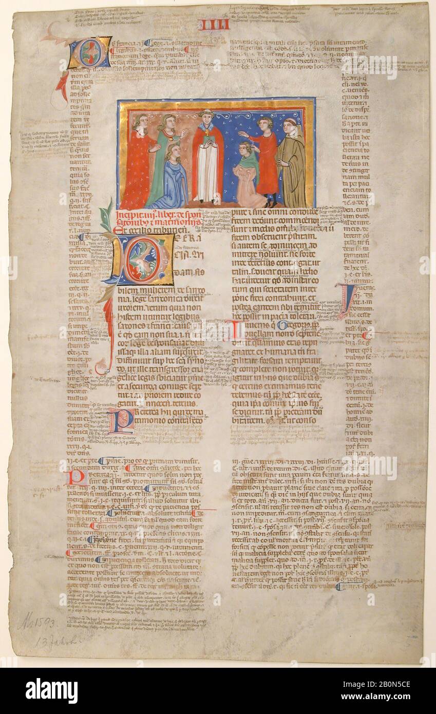 Manuscript Leaf with Marriage Scene, from Decretals of Gregory IX, Italian, ca. 1300, Made in Bologna, Italy, Italian, Tempera, ink, and gold on parchment, 18 1/8 x 11 5/8 in. (46.1 x 29.6 cm), Other (Illumination): 3 1/16 x 5 1/2 in. (7.8 x 14 cm), Mat: 22 × 16 in. (55.9 × 40.6 cm), Manuscripts and Illuminations Stock Photo