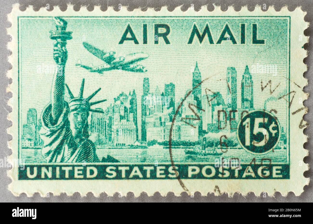 A 1947 15c US Airmail postage stamp featuring Statue of Liberty and New York Skyline. Stock Photo