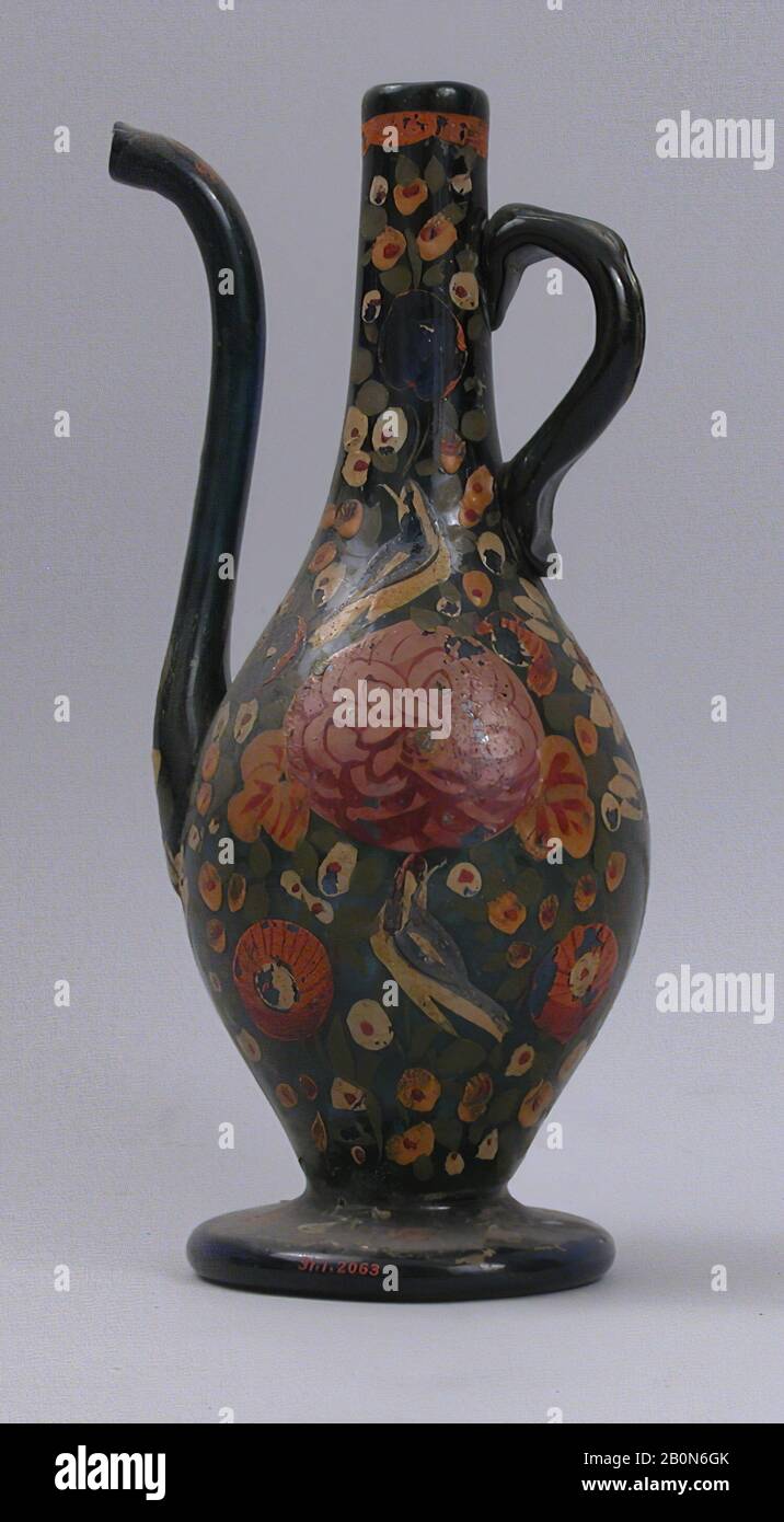 Ewer, probably 18th–19th century, Attributed to Iran, Painted glass, H. 7 11/16 in. (19.5 cm), W. 3 5/8 in. (9.2 cm), Diam. 3 1/16 in. (7.8 cm), Wt. 6.424 oz. (182.12 g), Glass Stock Photo