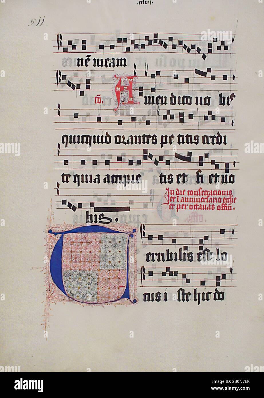 Manuscript Leaf with Initial T, from a Gradual, German, second quarter 15th century, Made in probably Mainz, Germany, German, Tempera, ink, and metal leaf on parchment, 19 3/4 x 14 3/16 in. (50.1 x 36 cm), Manuscripts and Illuminations Stock Photo