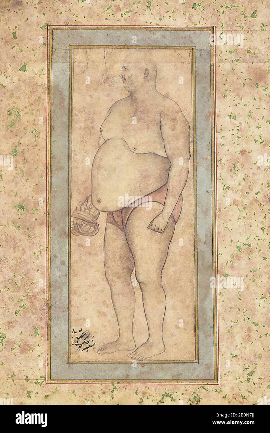 Portrait of Chuk the Wrestler, SIngle work, illustrated, ca. 1660-1675, Country of Origin India, Ink, translucent watercolor, and gold on paper, H: 11.4 in (29 cm) x W: 7.9 in (20 cm), Codices Stock Photo