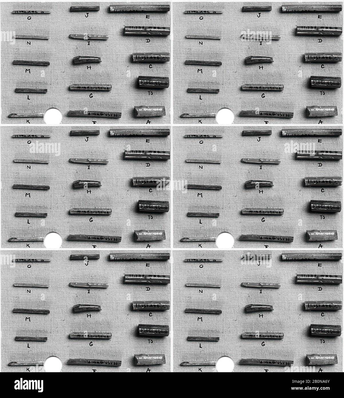 Rods of Green Glass, New Kingdom, Ramesside, Dynasty 19–20, ca. 1295–1070 B.C., From Egypt, Memphite Region, Lisht North, Cemetery, Glass, a) L. 1.4 cm (9/16 in.), b) L. 1.4 cm (9/16 in.), d) L. 2.2 cm (7/8 in.), e) L. 2.8 cm (1 1/8 in.), f) L. 2.5 cm (1 in.), g) L. 1.9 cm (3/4 in.), h) L. 1.3 cm (1/2 in.), i) L. 1.8 cm (11/16 in.), j) L. 1.3 cm (1/2 in.), k) L. 2.2 cm (7/8 in.), l) L. 1.5 (9/16 in.), m) L. 1.7 cm (11/16 in.), n) L. 1.6 cm (5/8 in.), o) L.1.8 cm (11/16 in Stock Photo