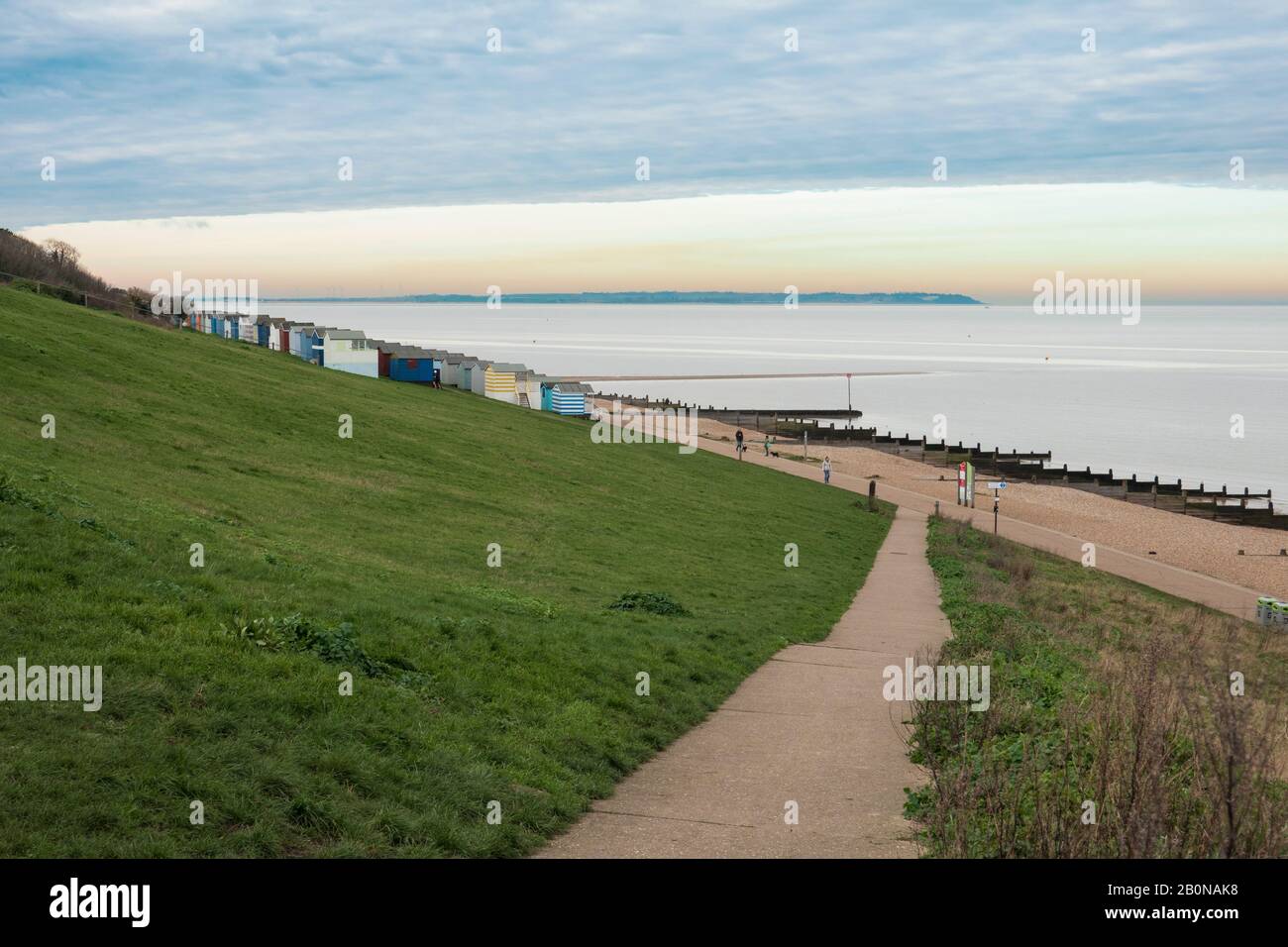 Tankerton slopes,in,Winter,Shingle Beach,Calm Sea,Isle of Sheppey,in,Background,  Tankerton,Whitstable,Kent,England Stock Photo
