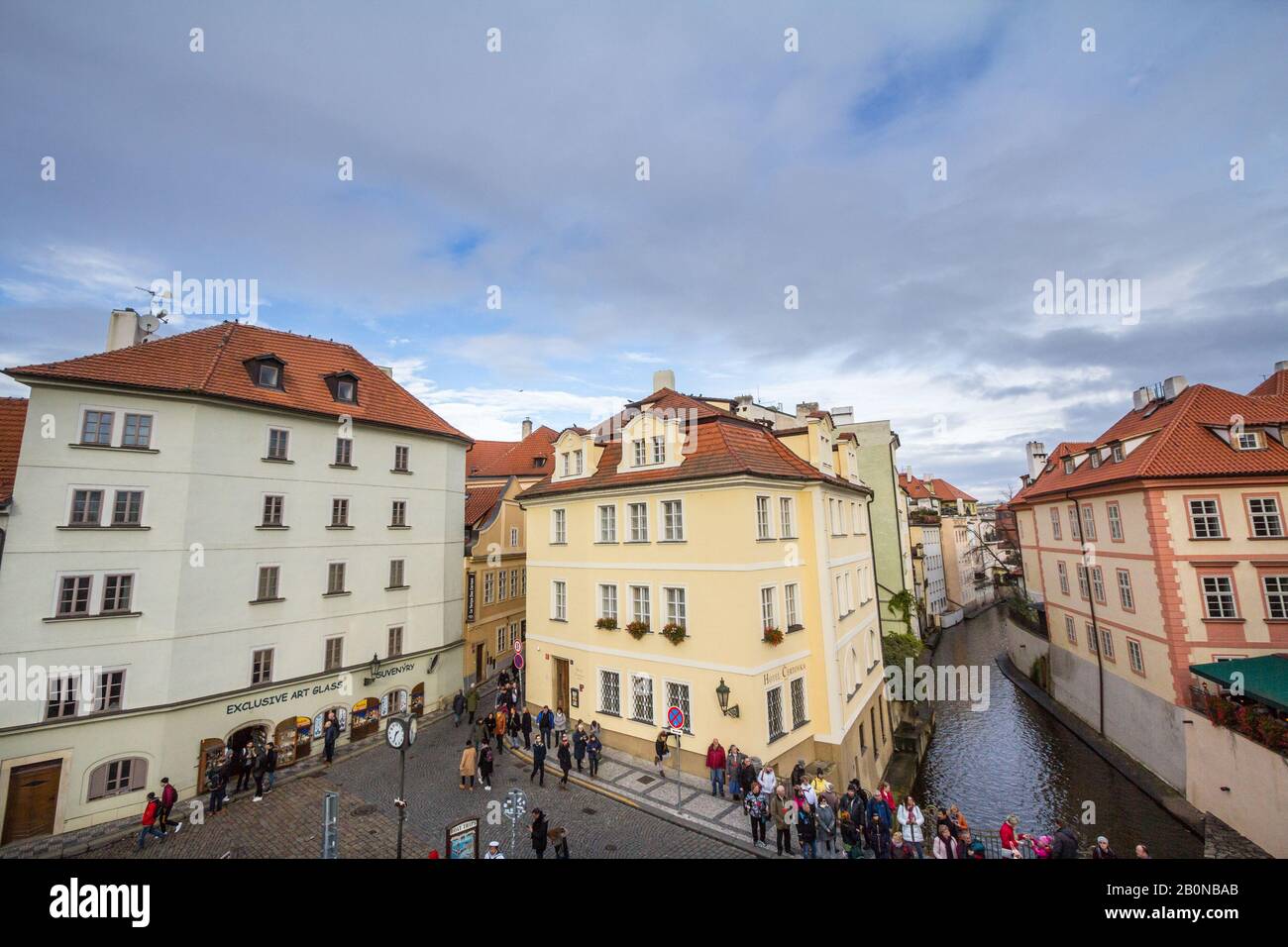 PRAGUE, CZECHIA - NOVEMBER 2, 2019: Panorama of the Certovka river and Na Kampe Bridge, in Mala Strana district, in the old town of Prague, a major to Stock Photo
