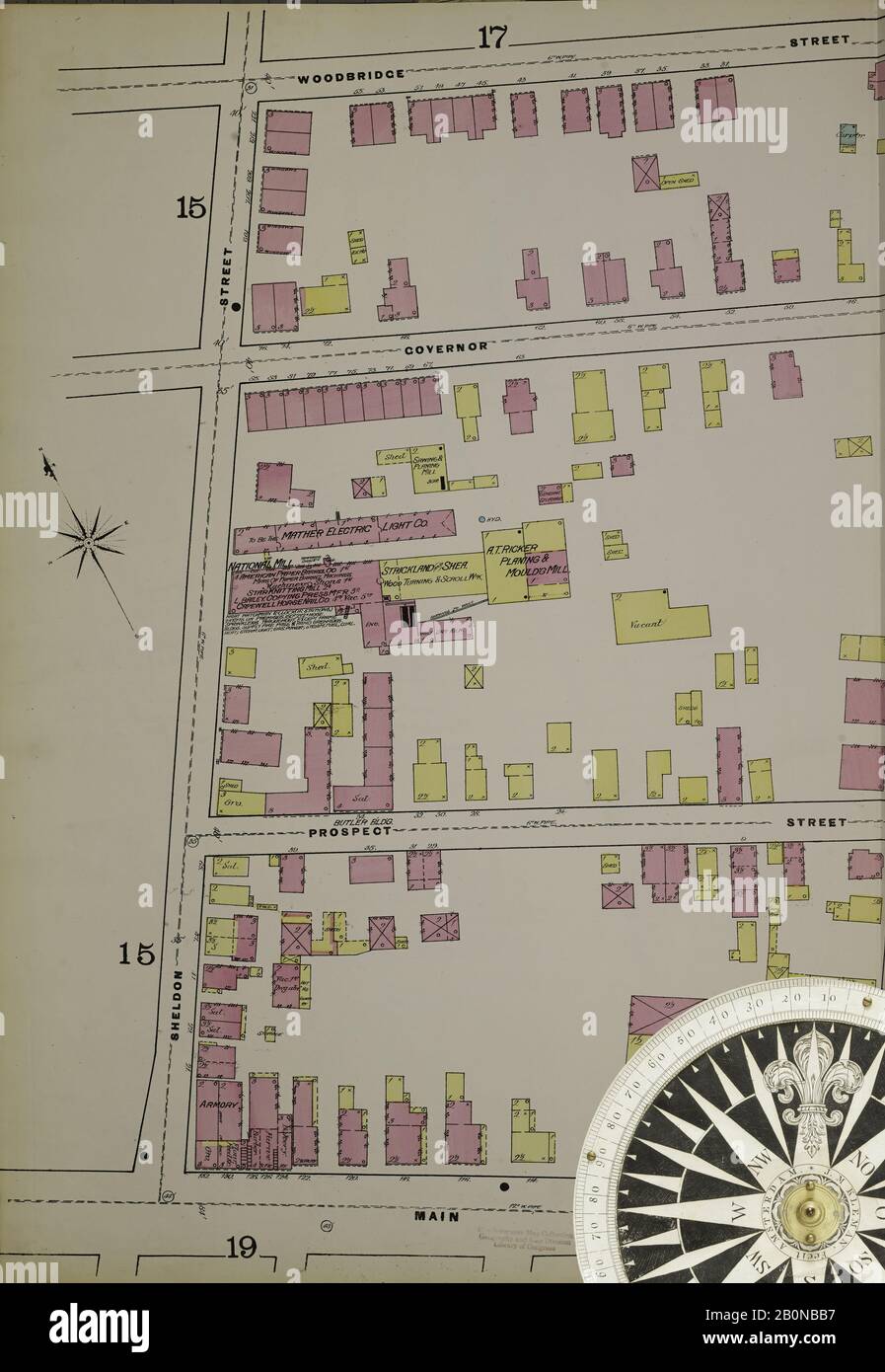 Image 37 of Sanborn Fire Insurance Map from Hartford, Hartford County, Connecticut. 1885. 43 Sheet(s). Double paged plates numbered 1-20. Bound, America, street map with a Nineteenth Century compass Stock Photo