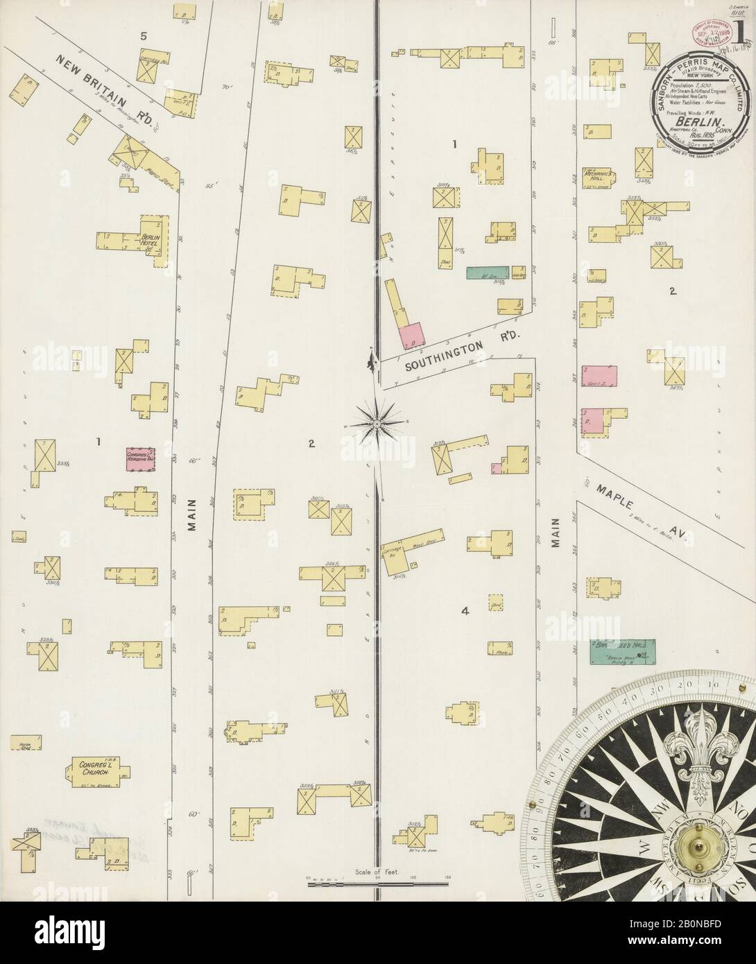 Image 1 of Sanborn Fire Insurance Map from Berlin, Hartford County, Connecticut. Aug 1895. 3 Sheet(s), America, street map with a Nineteenth Century compass Stock Photo