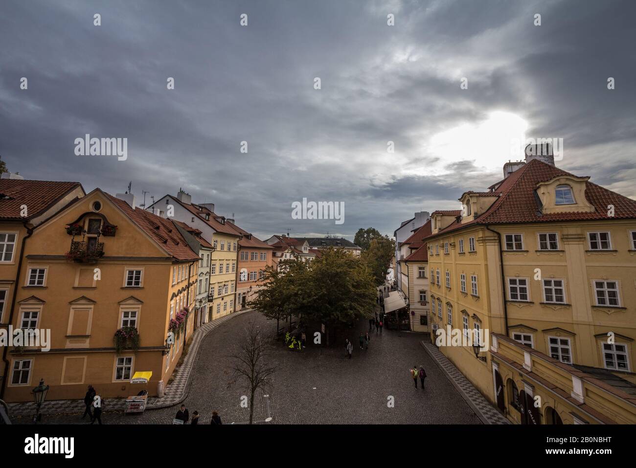 PRAGUE, CZECHIA - NOVEMBER 2, 2019: Panorama of Na Kampe Street and square on Kampa Island,in Mala Strana district, in the old town of Prague, a major Stock Photo