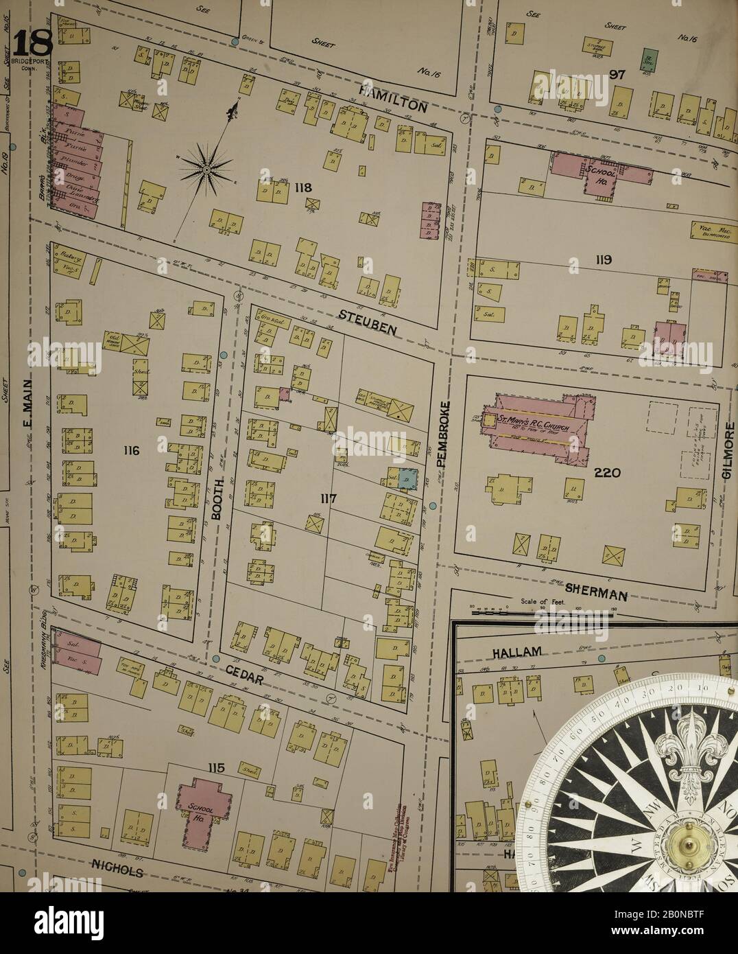 Image 18 of Sanborn Fire Insurance Map from Bridgeport, Fairfield County, Connecticut. 1889. 37 Sheet(s). Bound, America, street map with a Nineteenth Century compass Stock Photo