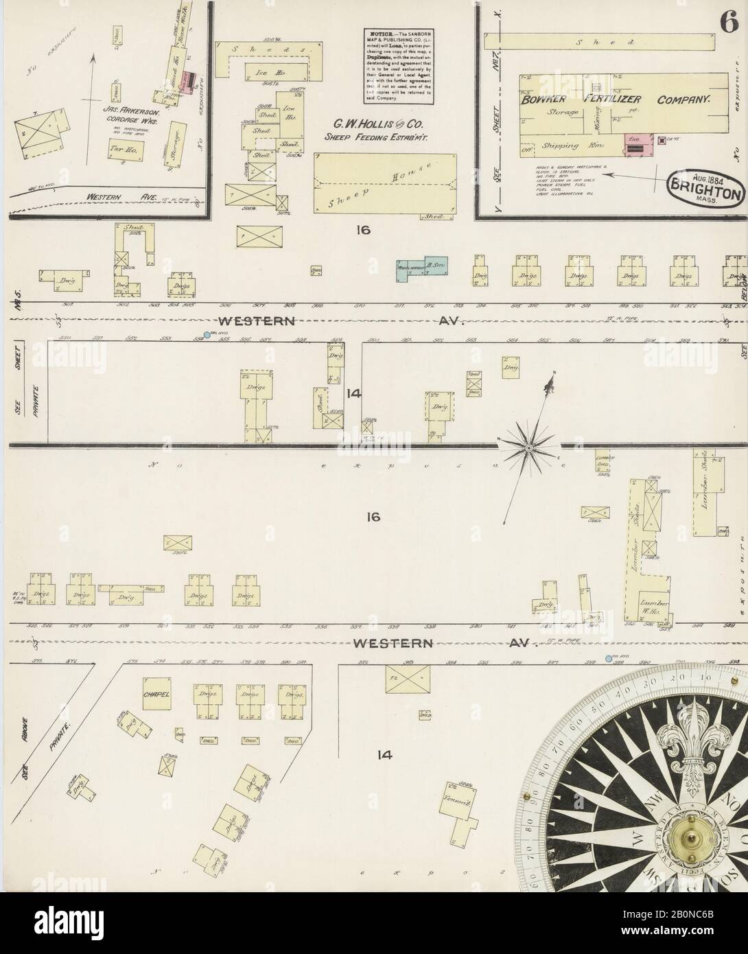 Image 6 of Sanborn Fire Insurance Map from Brighton, Suffolk County, Massachusetts. Aug 1884. 7 Sheet(s), America, street map with a Nineteenth Century compass Stock Photo