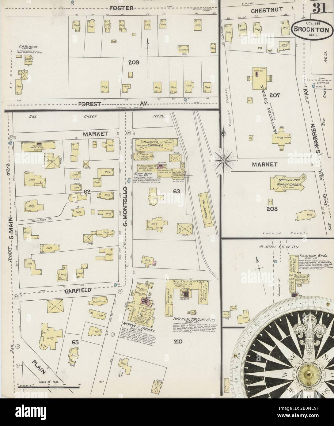 Image 31 of Sanborn Fire Insurance Map from Brockton, Plymouth County, Massachusetts. Oct 1889. 31 Sheet(s), America, street map with a Nineteenth Century compass Stock Photo