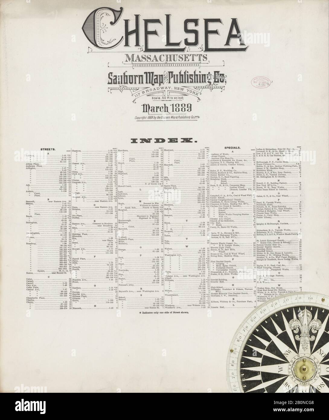 Image 1 of Sanborn Fire Insurance Map from Chelsea, Suffolk County, Massachusetts. Mar 1889. 25 Sheet(s), America, street map with a Nineteenth Century compass Stock Photo