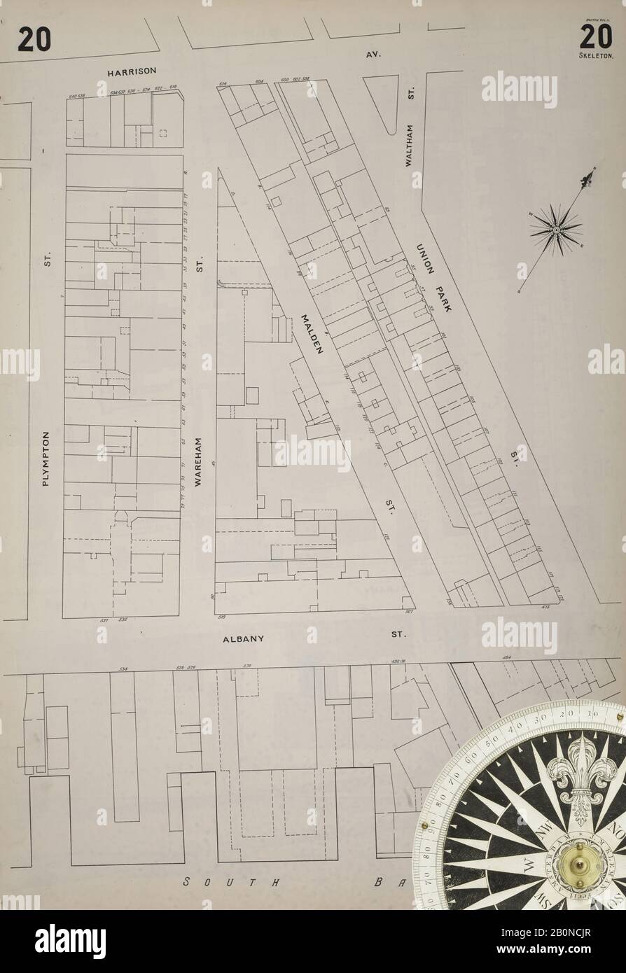 Image 25 of Sanborn Fire Insurance Map from Boston, Suffolk County, Massachusetts. Vol. 2, 1897. 92 Sheet(s). 6 skeleton maps. Bound, America, street map with a Nineteenth Century compass Stock Photo