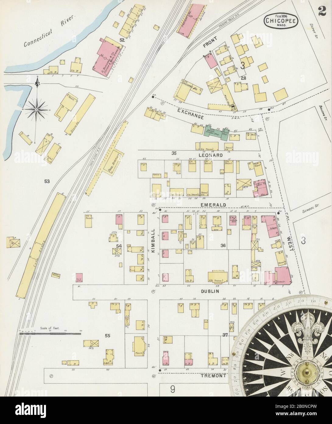Image 2 of Sanborn Fire Insurance Map from Chicopee, Hampden County, Massachusetts. Feb 1896. 16 Sheet(s). Includes Chicopee Falls, America, street map with a Nineteenth Century compass Stock Photo