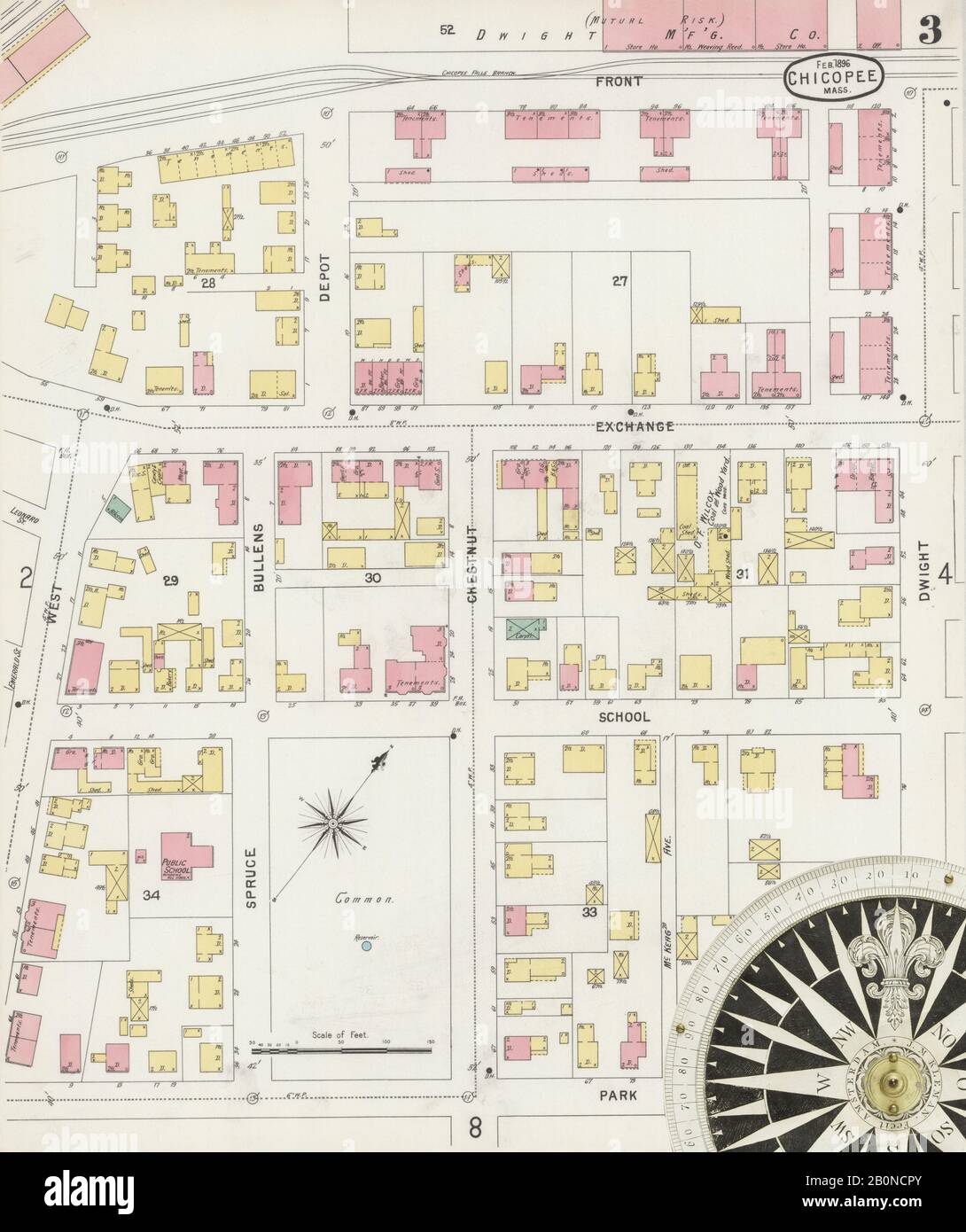 Image 3 of Sanborn Fire Insurance Map from Chicopee, Hampden County, Massachusetts. Feb 1896. 16 Sheet(s). Includes Chicopee Falls, America, street map with a Nineteenth Century compass Stock Photo