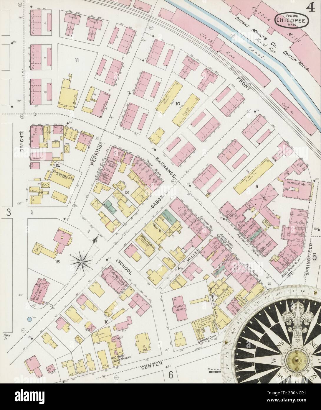 Image 4 of Sanborn Fire Insurance Map from Chicopee, Hampden County, Massachusetts. Feb 1896. 16 Sheet(s). Includes Chicopee Falls, America, street map with a Nineteenth Century compass Stock Photo