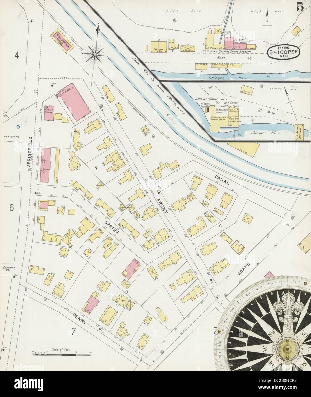 Image 5 of Sanborn Fire Insurance Map from Chicopee, Hampden County, Massachusetts. Feb 1896. 16 Sheet(s). Includes Chicopee Falls, America, street map with a Nineteenth Century compass Stock Photo
