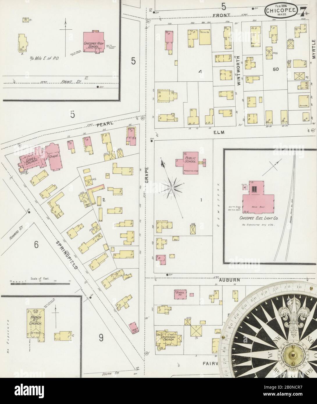 Image 7 of Sanborn Fire Insurance Map from Chicopee, Hampden County, Massachusetts. Feb 1896. 16 Sheet(s). Includes Chicopee Falls, America, street map with a Nineteenth Century compass Stock Photo