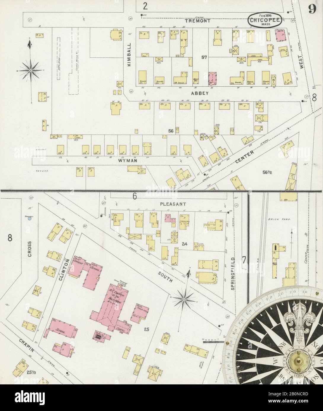 Image 9 of Sanborn Fire Insurance Map from Chicopee, Hampden County, Massachusetts. Feb 1896. 16 Sheet(s). Includes Chicopee Falls, America, street map with a Nineteenth Century compass Stock Photo