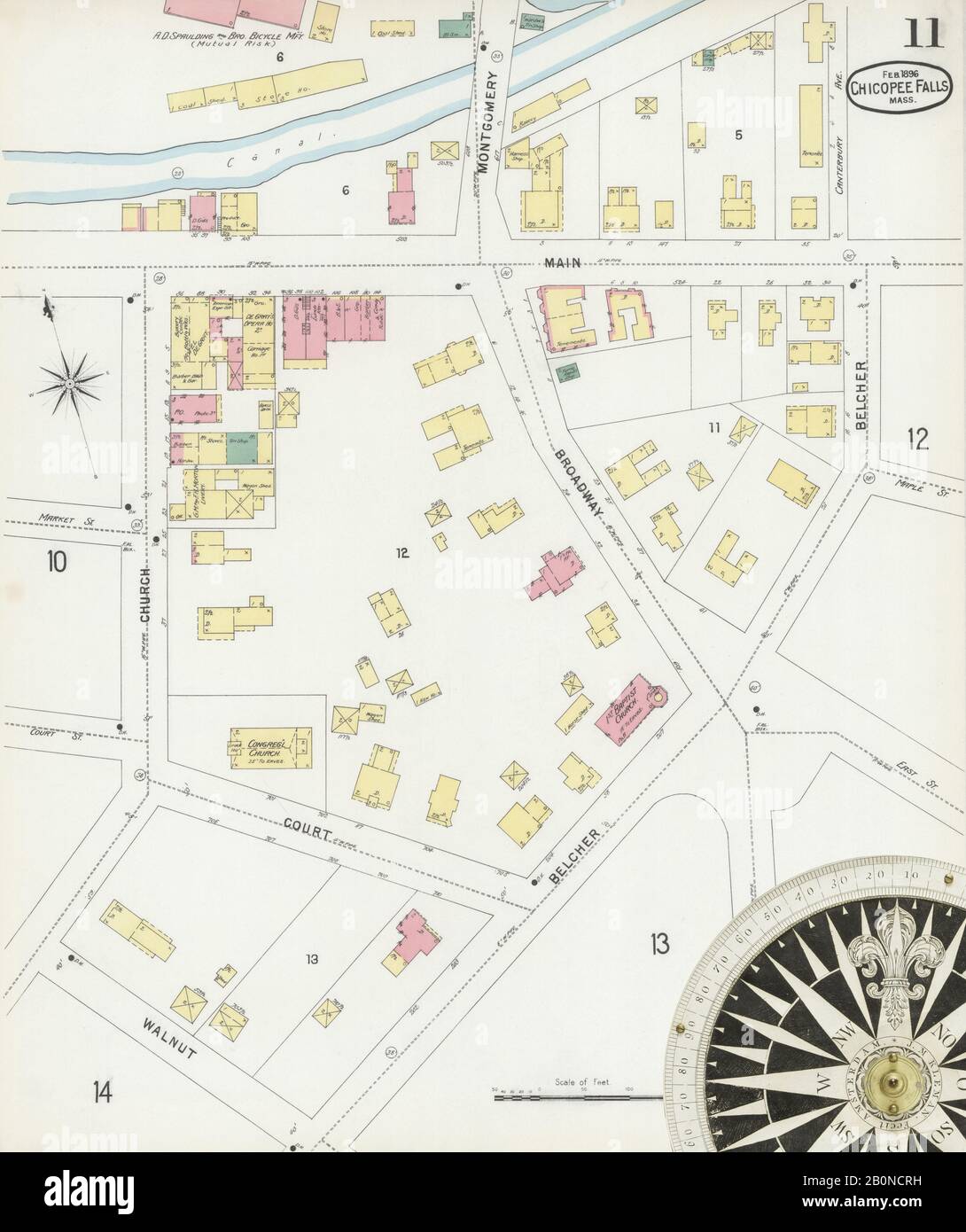 Image 11 of Sanborn Fire Insurance Map from Chicopee, Hampden County, Massachusetts. Feb 1896. 16 Sheet(s). Includes Chicopee Falls, America, street map with a Nineteenth Century compass Stock Photo