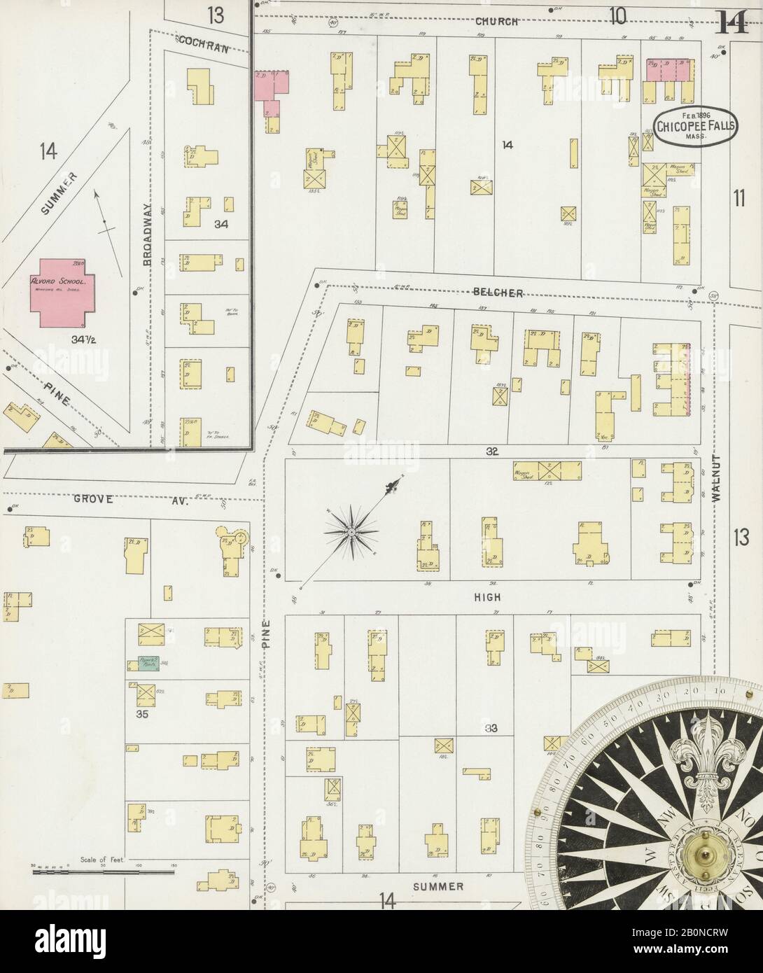 Image 14 of Sanborn Fire Insurance Map from Chicopee, Hampden County, Massachusetts. Feb 1896. 16 Sheet(s). Includes Chicopee Falls, America, street map with a Nineteenth Century compass Stock Photo