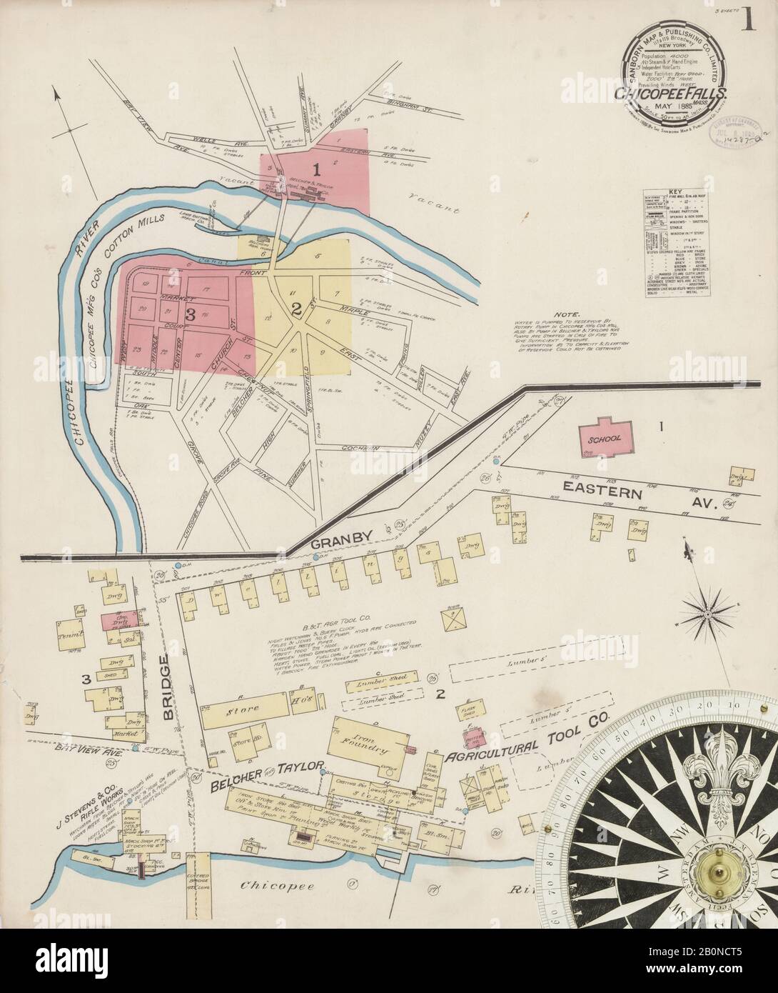 Image 1 of Sanborn Fire Insurance Map from Chicopee Falls, Hampden County, Massachusetts. May 1885. 3 Sheet(s), America, street map with a Nineteenth Century compass Stock Photo