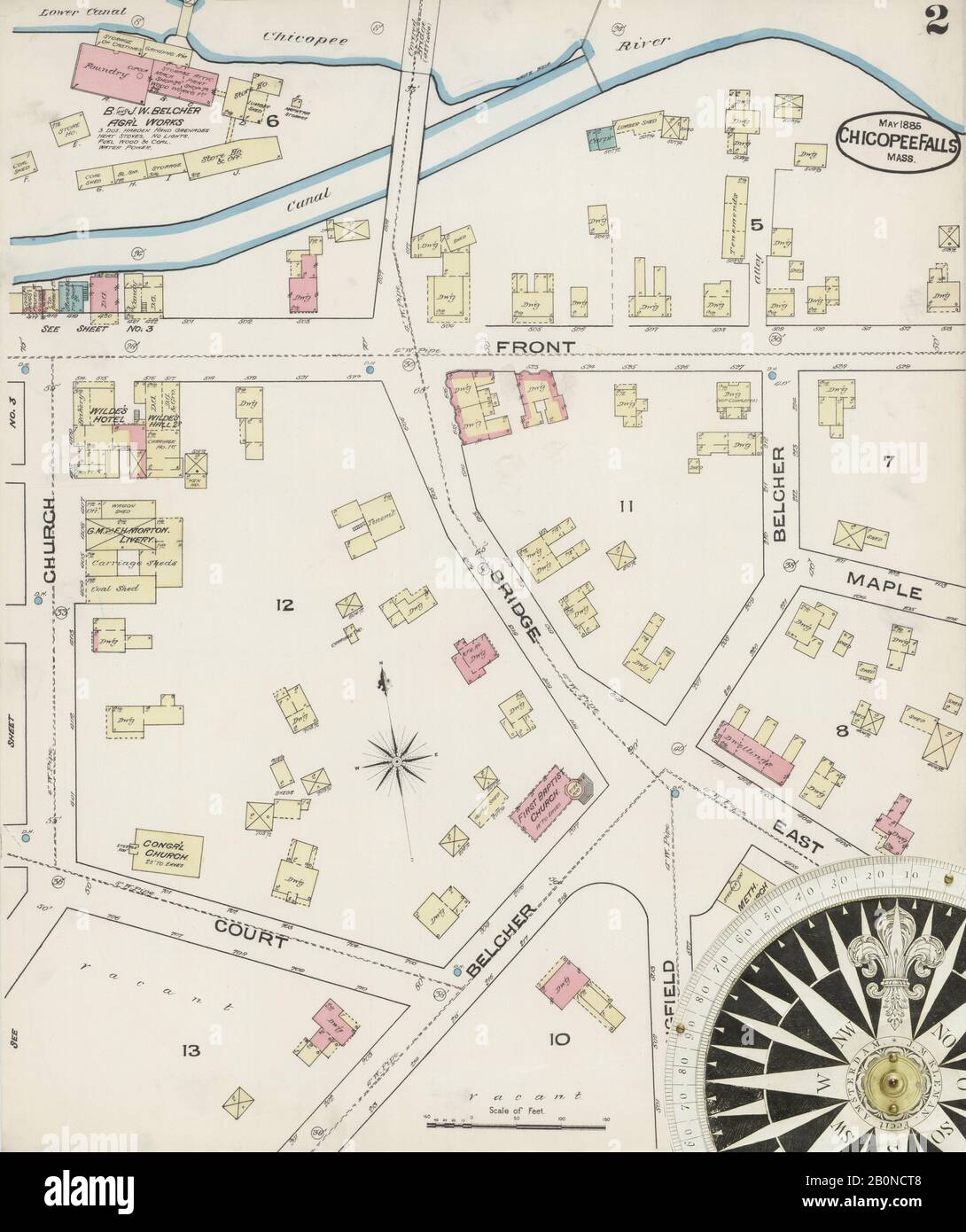 Image 2 of Sanborn Fire Insurance Map from Chicopee Falls, Hampden County, Massachusetts. May 1885. 3 Sheet(s), America, street map with a Nineteenth Century compass Stock Photo