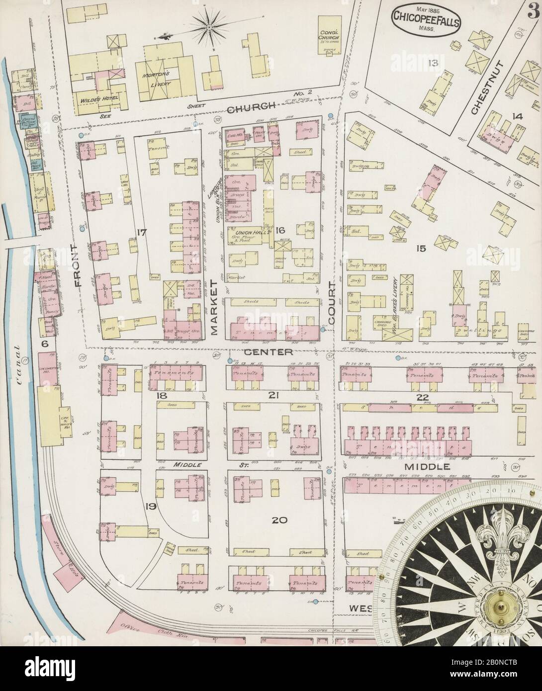 Image 3 of Sanborn Fire Insurance Map from Chicopee Falls, Hampden County, Massachusetts. May 1885. 3 Sheet(s), America, street map with a Nineteenth Century compass Stock Photo