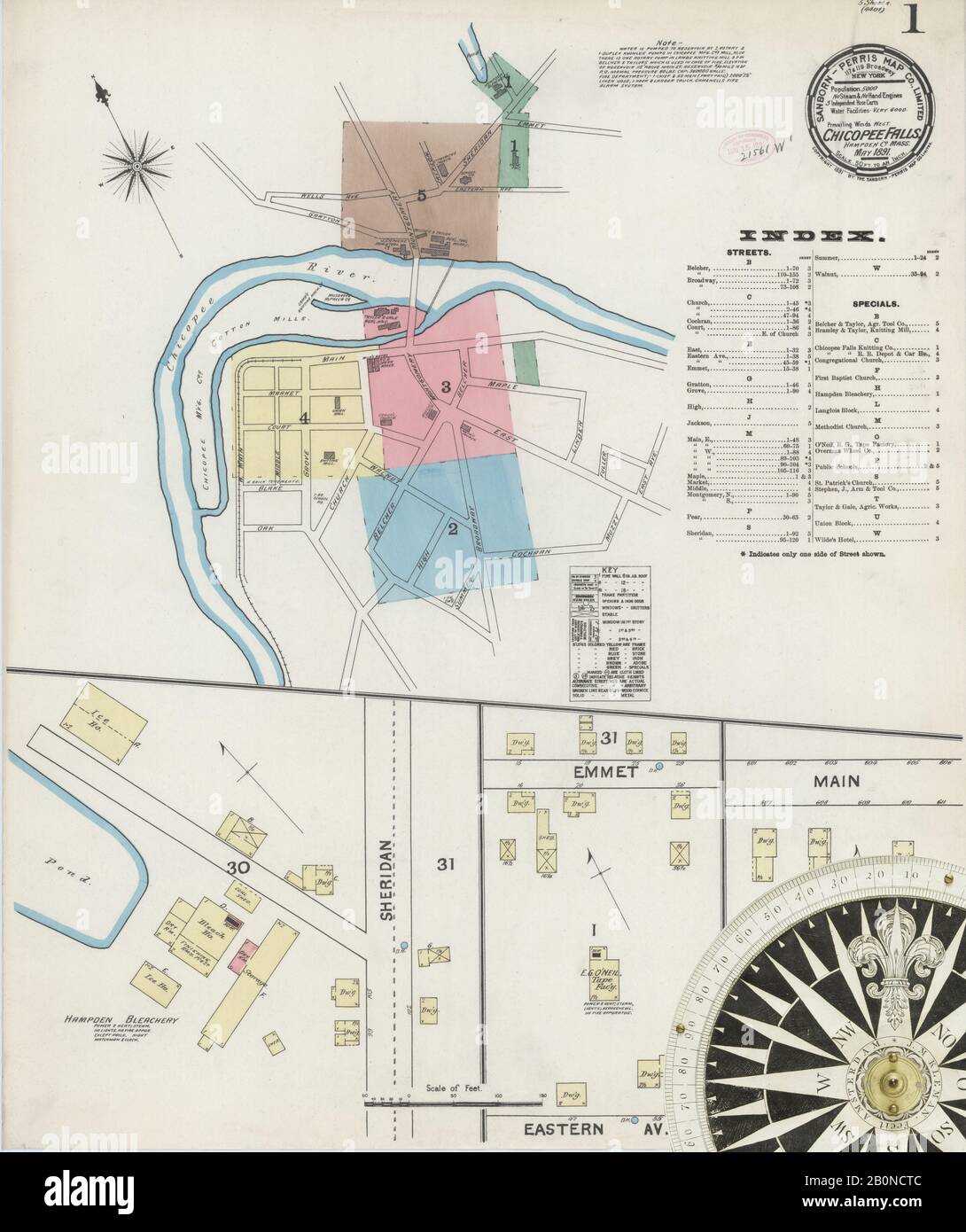 Image 1 of Sanborn Fire Insurance Map from Chicopee Falls, Hampden County, Massachusetts. May 1891. 5 Sheet(s), America, street map with a Nineteenth Century compass Stock Photo
