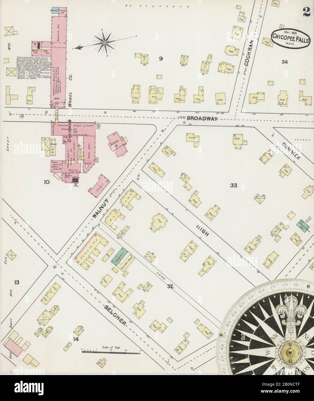 Image 2 of Sanborn Fire Insurance Map from Chicopee Falls, Hampden County, Massachusetts. May 1891. 5 Sheet(s), America, street map with a Nineteenth Century compass Stock Photo