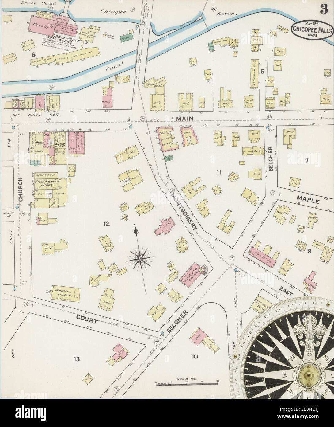 Image 3 of Sanborn Fire Insurance Map from Chicopee Falls, Hampden County, Massachusetts. May 1891. 5 Sheet(s), America, street map with a Nineteenth Century compass Stock Photo