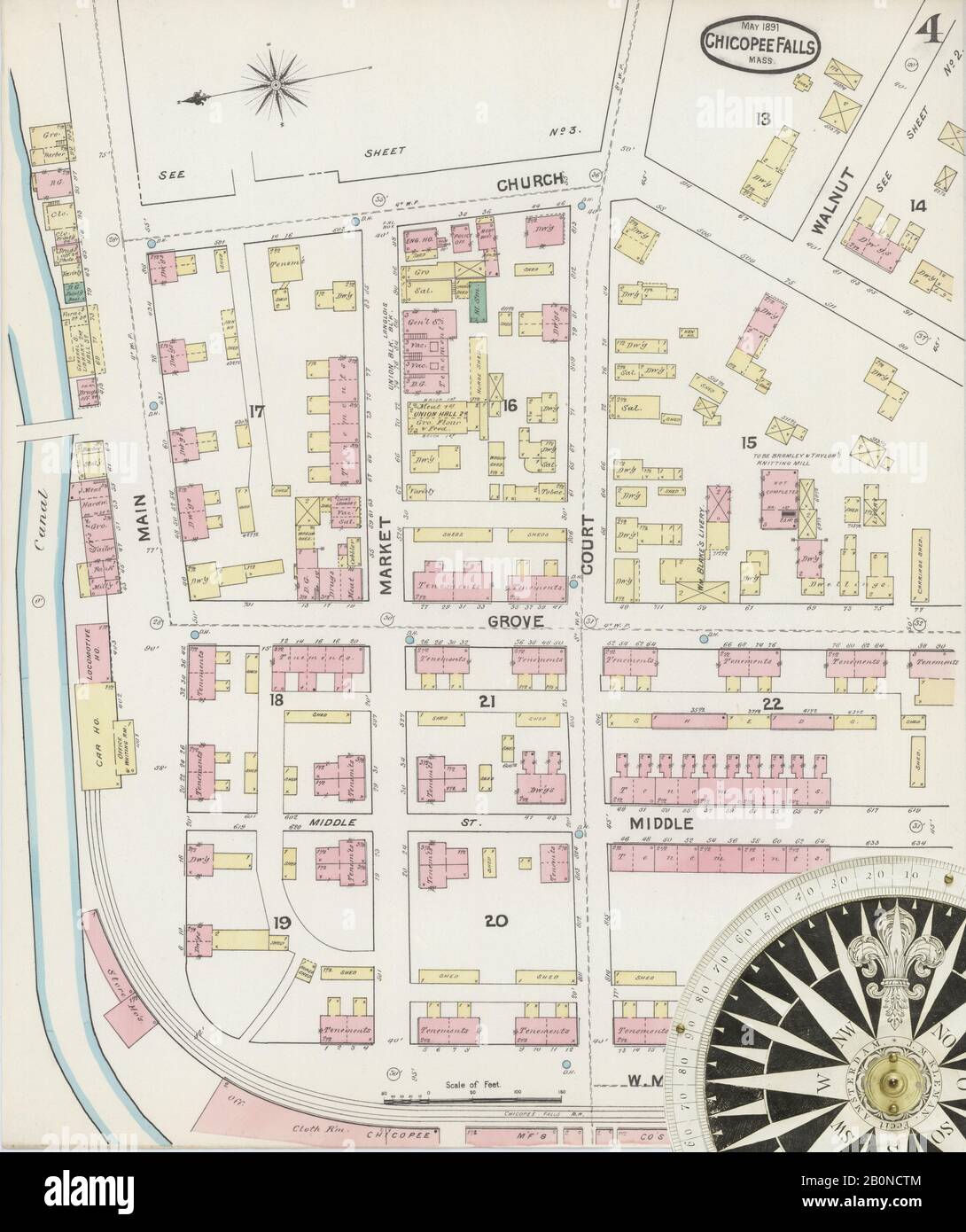 Image 4 of Sanborn Fire Insurance Map from Chicopee Falls, Hampden County, Massachusetts. May 1891. 5 Sheet(s), America, street map with a Nineteenth Century compass Stock Photo