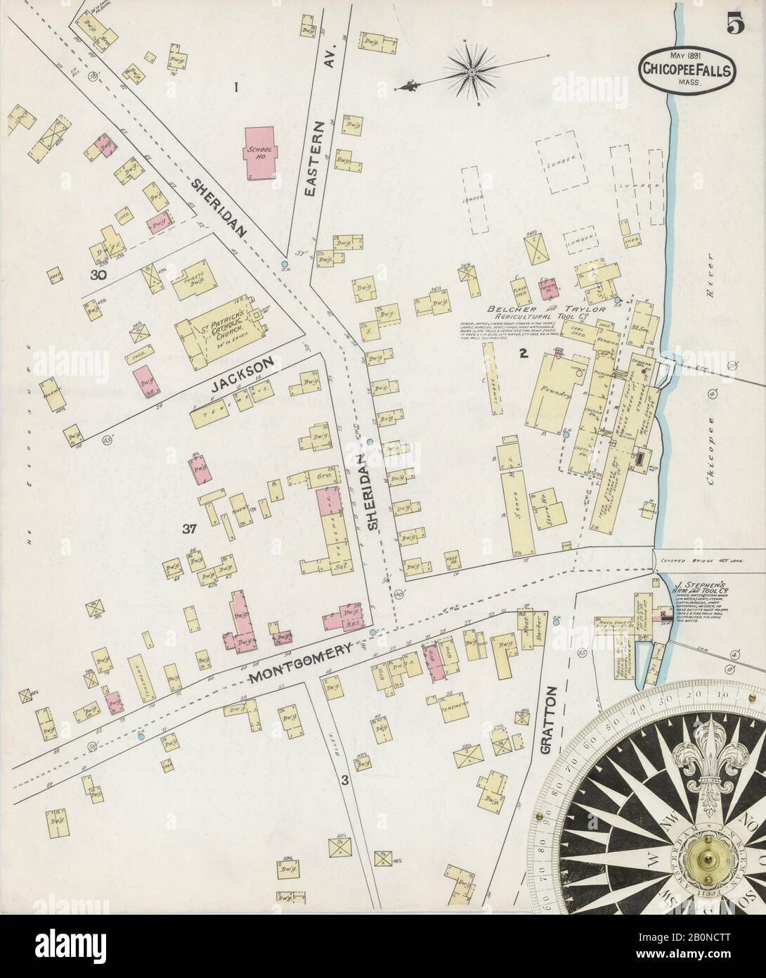 Image 5 of Sanborn Fire Insurance Map from Chicopee Falls, Hampden County, Massachusetts. May 1891. 5 Sheet(s), America, street map with a Nineteenth Century compass Stock Photo