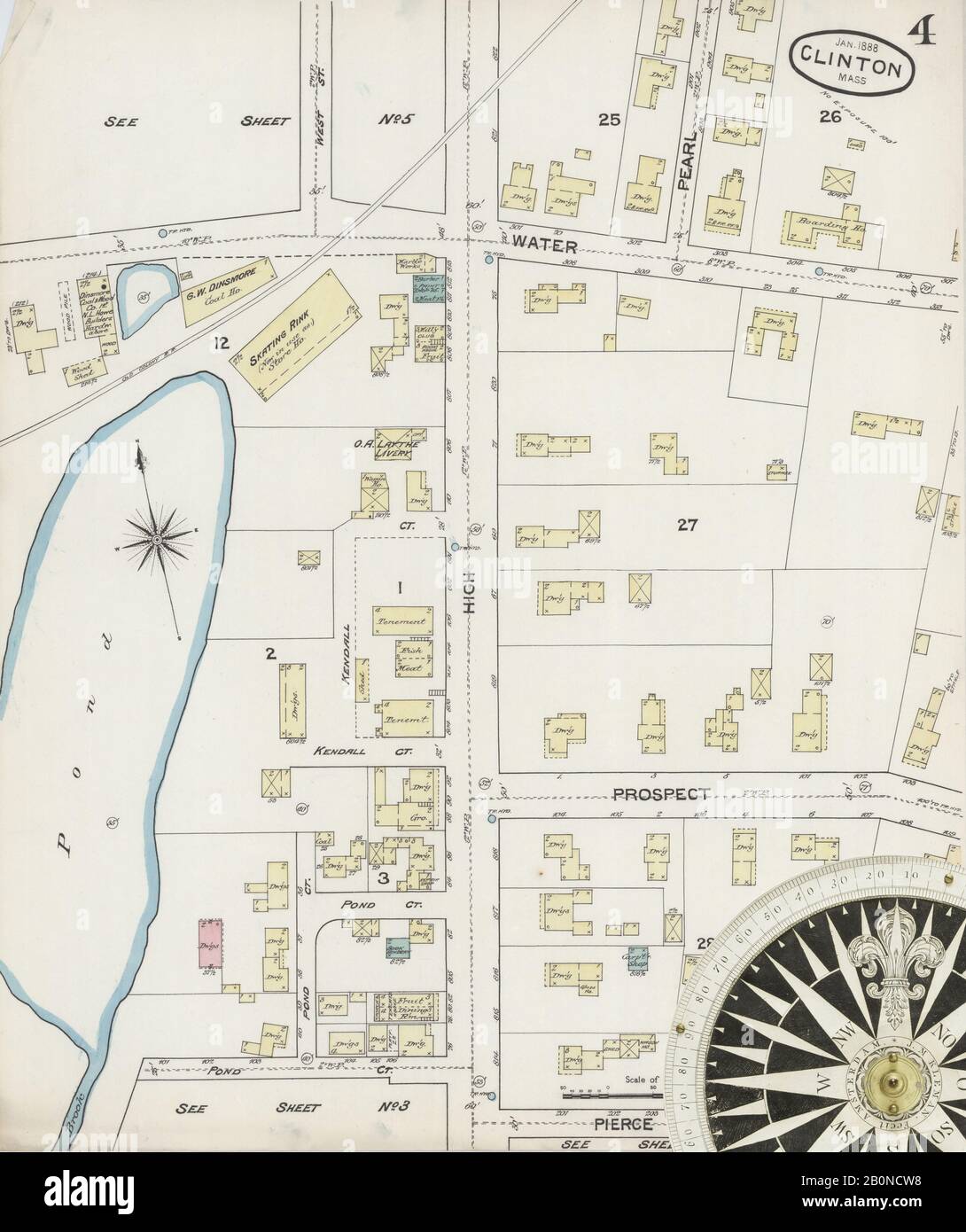 Image 4 of Sanborn Fire Insurance Map from Clinton, Worcester County, Massachusetts. Jan 1888. 6 Sheet(s), America, street map with a Nineteenth Century compass Stock Photo