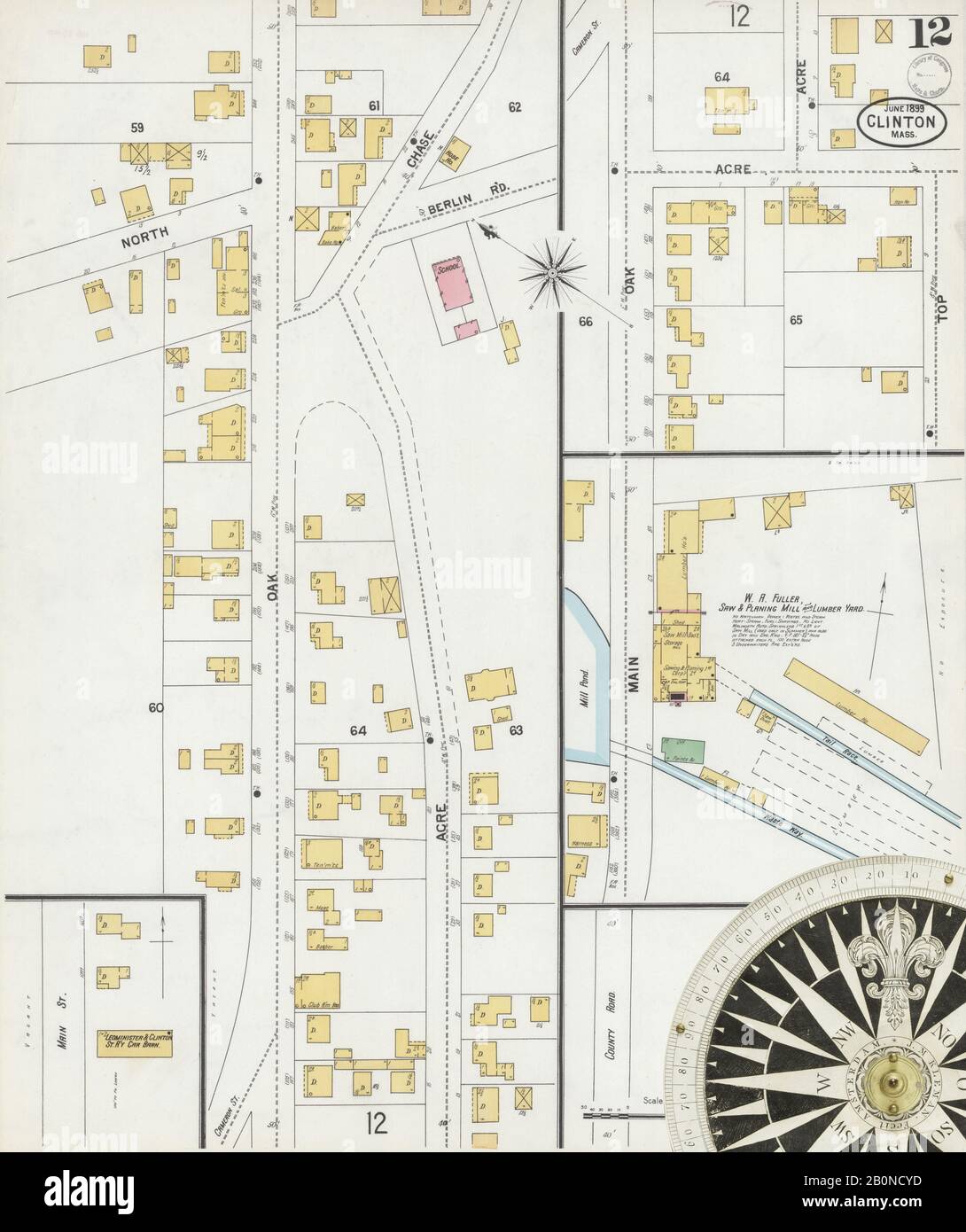 Image 12 of Sanborn Fire Insurance Map from Clinton, Worcester County, Massachusetts. Jun 1899. 12 Sheet(s), America, street map with a Nineteenth Century compass Stock Photo