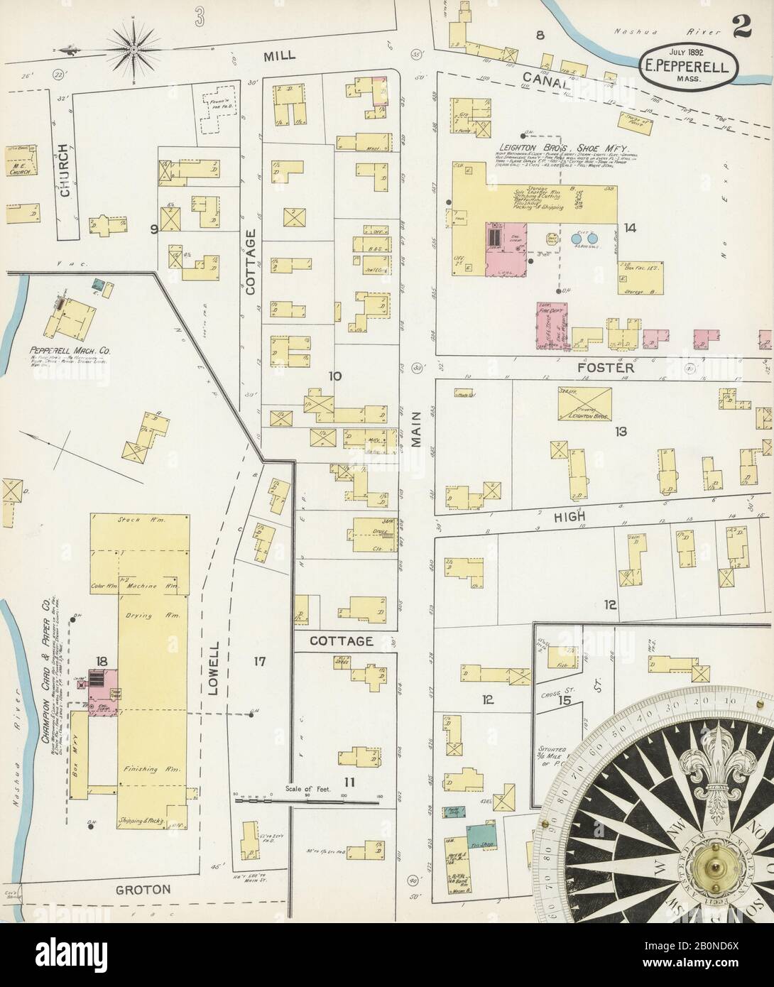 Image 2 of Sanborn Fire Insurance Map from East Pepperell, Middlesex County, Massachusetts. Jul 1892. 3 Sheet(s), America, street map with a Nineteenth Century compass Stock Photo