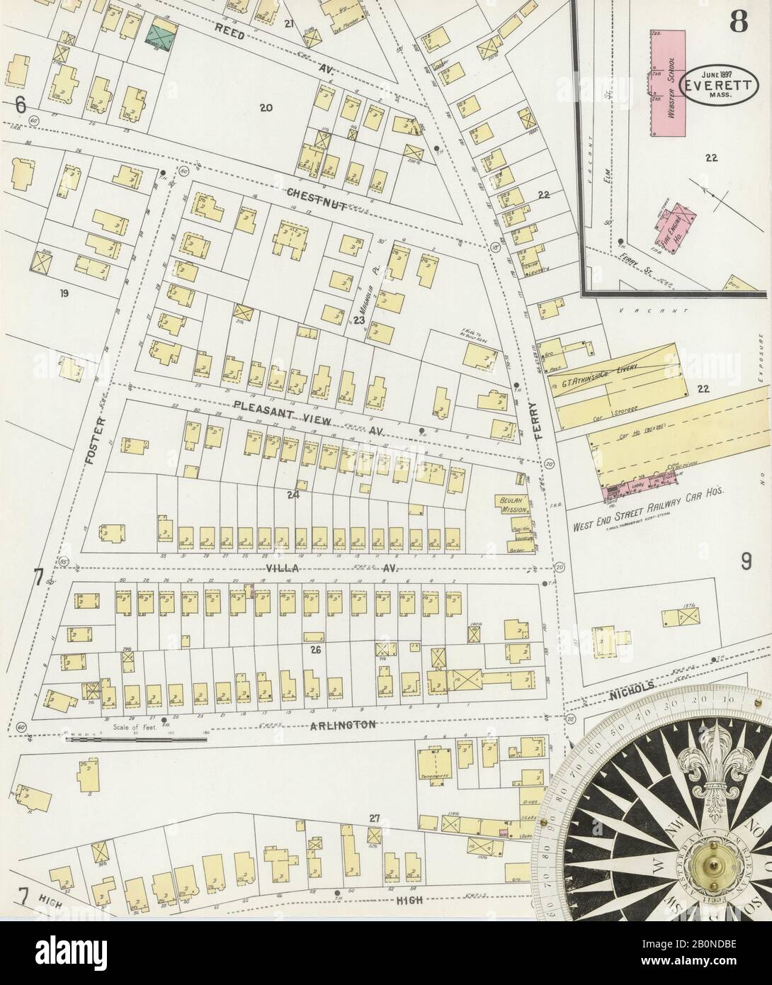 Image 8 of Sanborn Fire Insurance Map from Everett, Middlesex County, Massachusetts. Jun 1897. 27 Sheet(s), America, street map with a Nineteenth Century compass Stock Photo