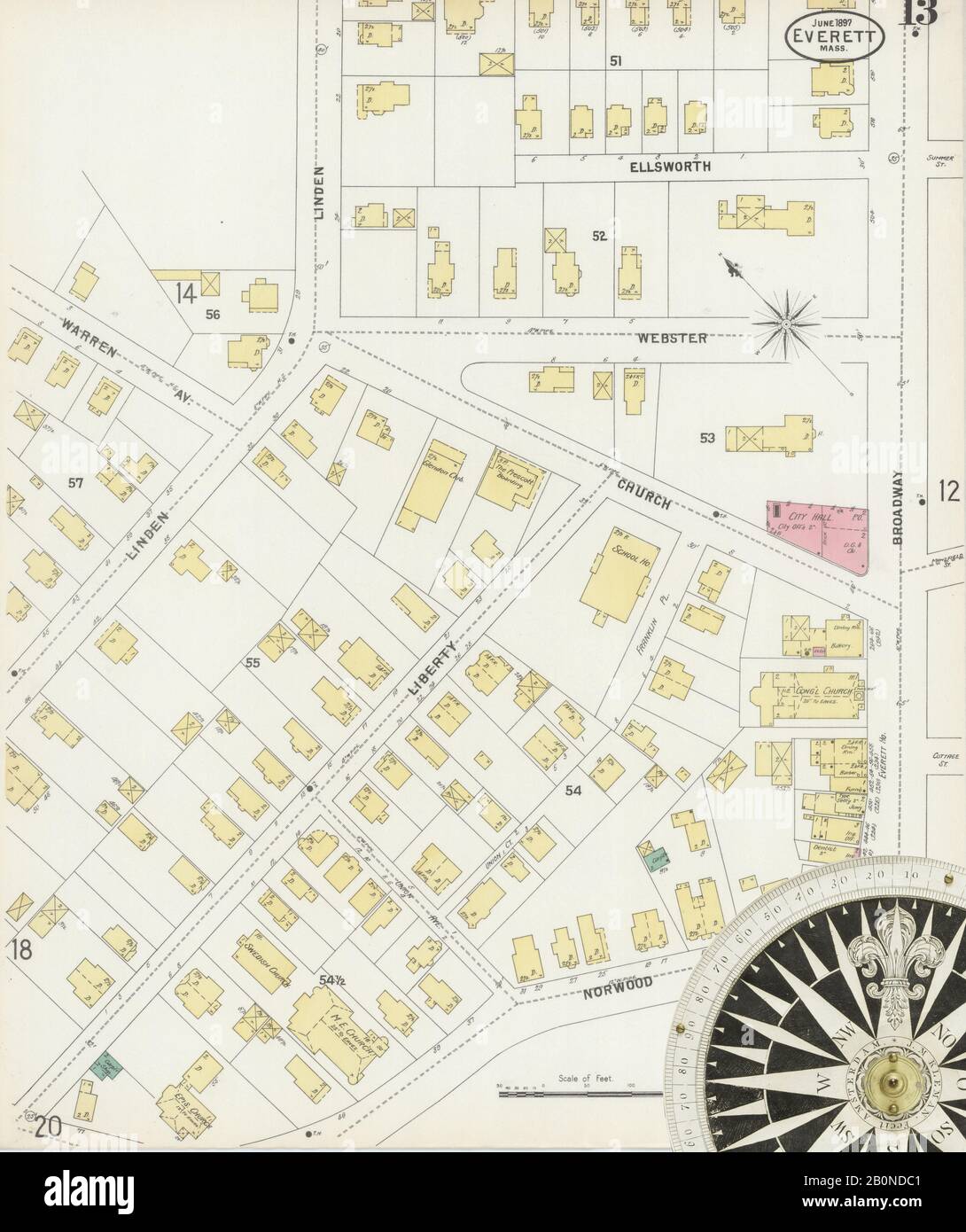 Image 13 of Sanborn Fire Insurance Map from Everett, Middlesex County, Massachusetts. Jun 1897. 27 Sheet(s), America, street map with a Nineteenth Century compass Stock Photo