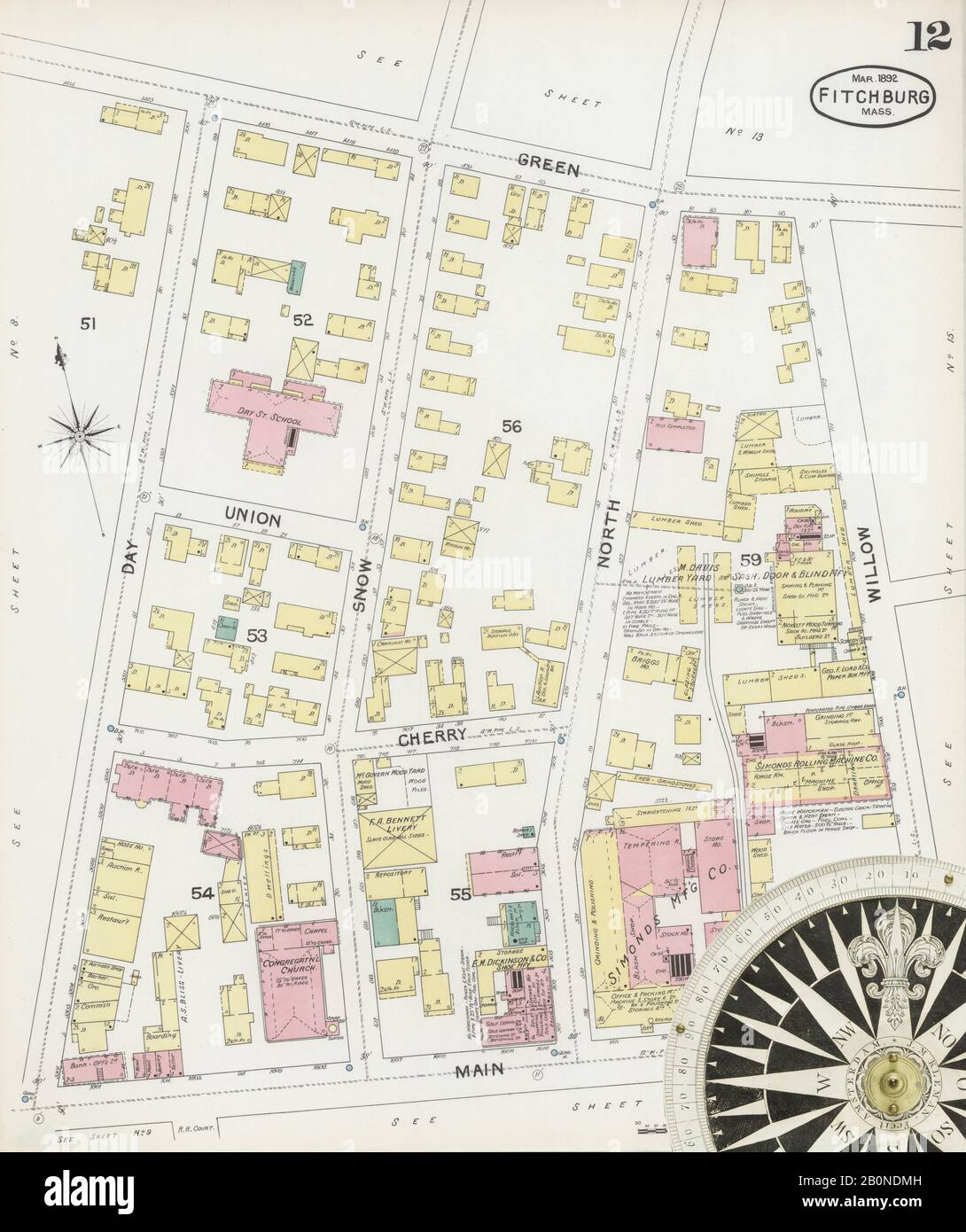 Image 12 of Sanborn Fire Insurance Map from Fitchburg, Worcester County, Massachusetts. Mar 1892. 23 Sheet(s), America, street map with a Nineteenth Century compass Stock Photo