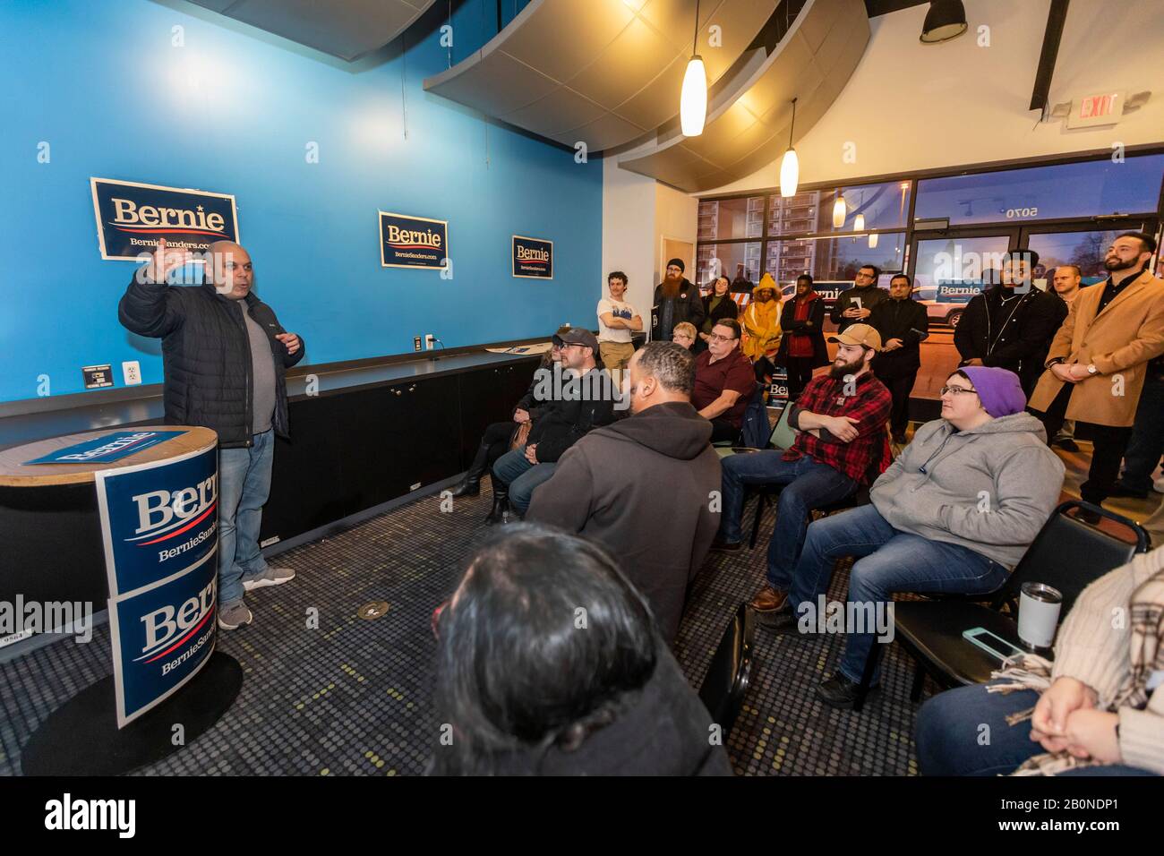 Dearborn, Michigan, USA. 20th Feb, 2020. The Bernie Sanders campaign opened five field offices, including one in Dearborn, in advance of the state's March 10 presidential primary election. Amer Zahr, a Palestinian-American comedian and law school professor, spoke at the event. Credit: Jim West/Alamy Live News Stock Photo