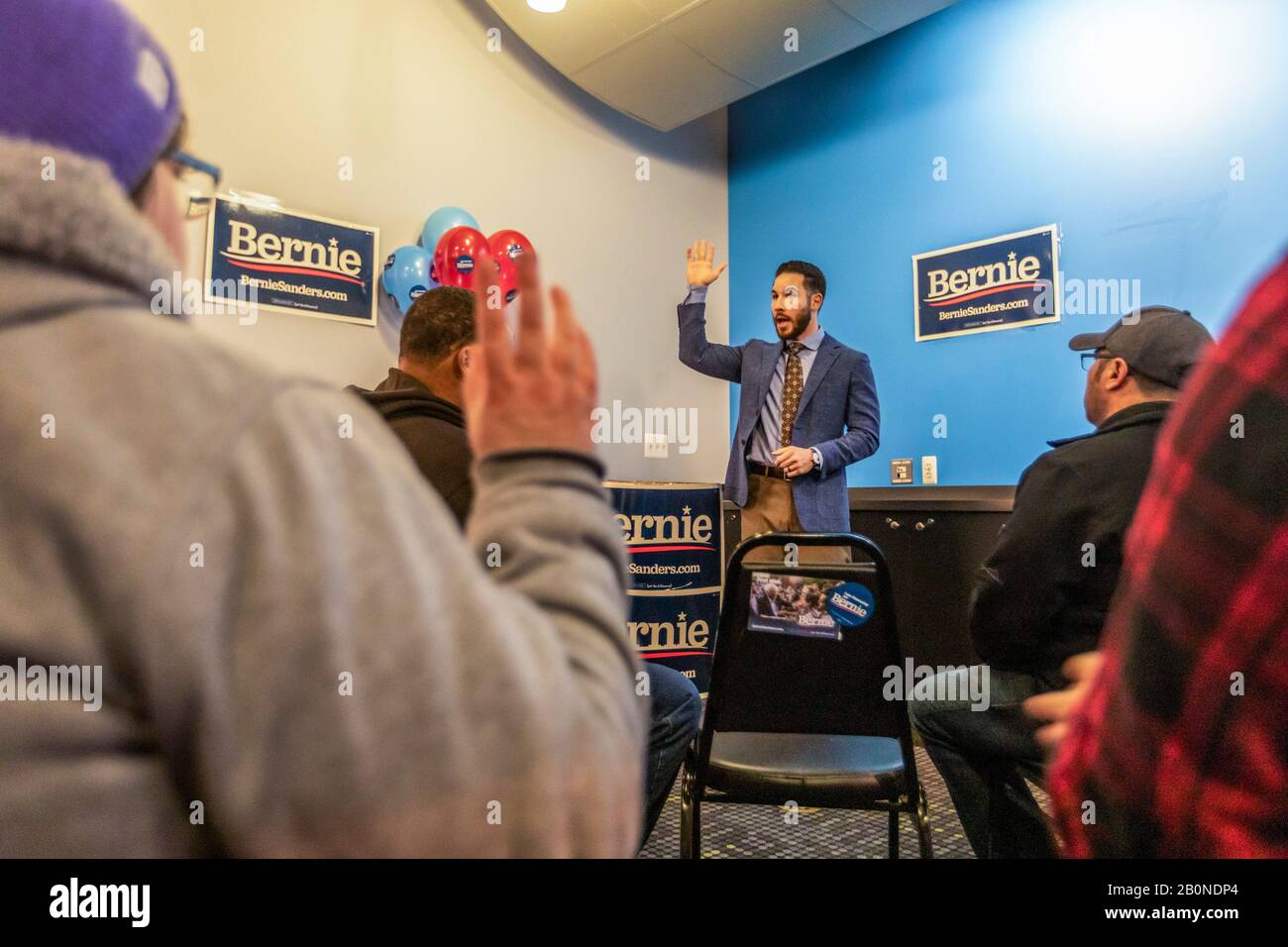 Dearborn, Michigan, USA. 20th Feb, 2020. The Bernie Sanders campaign opened five field offices, including one in Dearborn, in advance of the state's March 10 presidential primary election. Michigan State Representative Abdullah Hammoud asked for volunteers for the campaign. Credit: Jim West/Alamy Live News Stock Photo